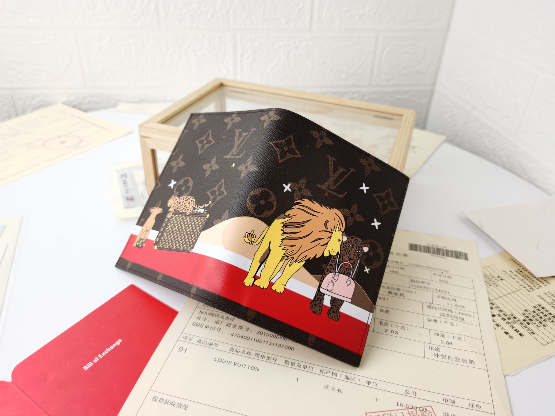 Close-up view of the interior features of the passport case.