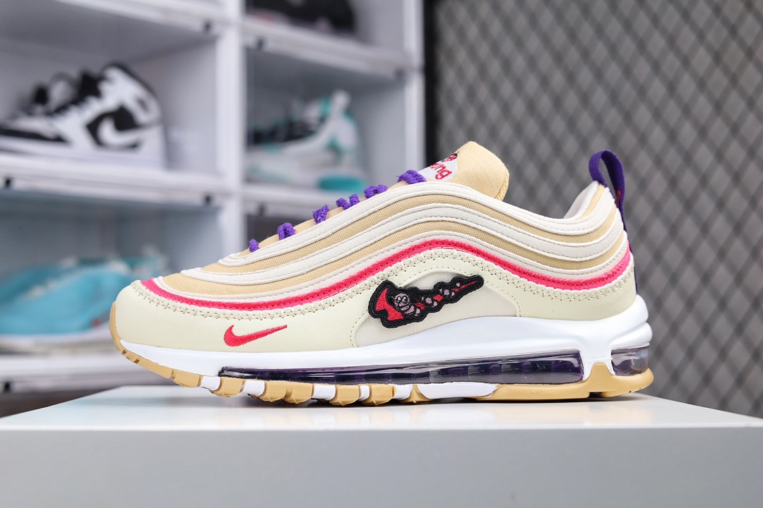 H0 Nike Air Max 97 SE”Air Sprung”复古气垫百搭休闲运动慢跑鞋“米白紫玫红毛毛虫钩子”采用全新电脑针车缜密针痕回弹PU模真气垫脚感大底×998WX