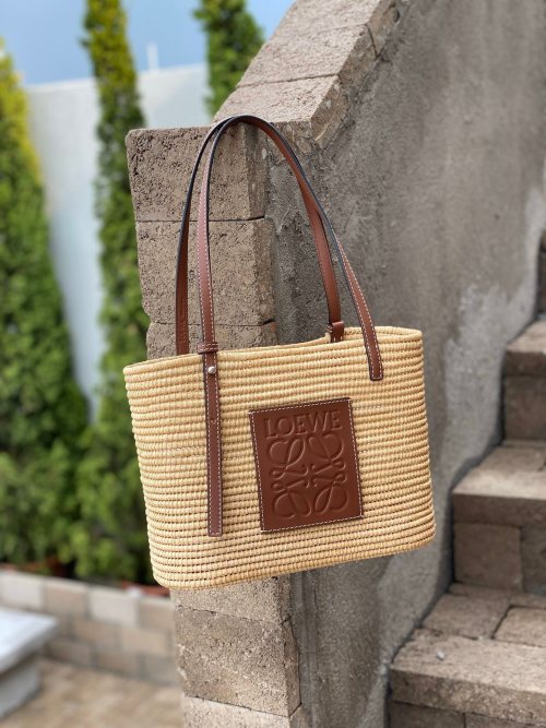 Loewe Paula's Ibiza Small Basket Bag in Raffia and Calfskin Leather