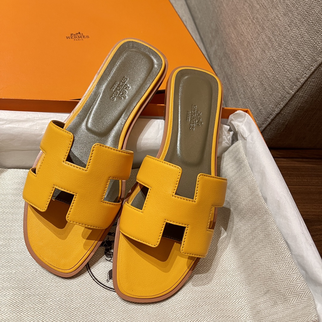 Hermes Shoes Slippers Amber Yellow Sewing Summer Collection