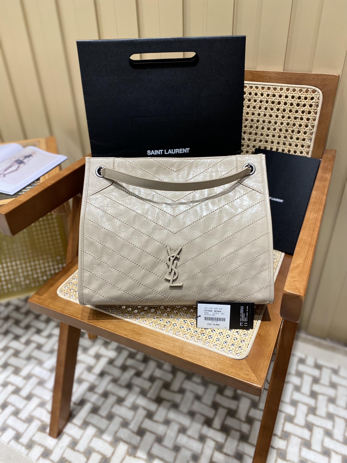 YSL NIKI SHOPPING BAG 33CM 577999奶茶色油蜡牛皮
