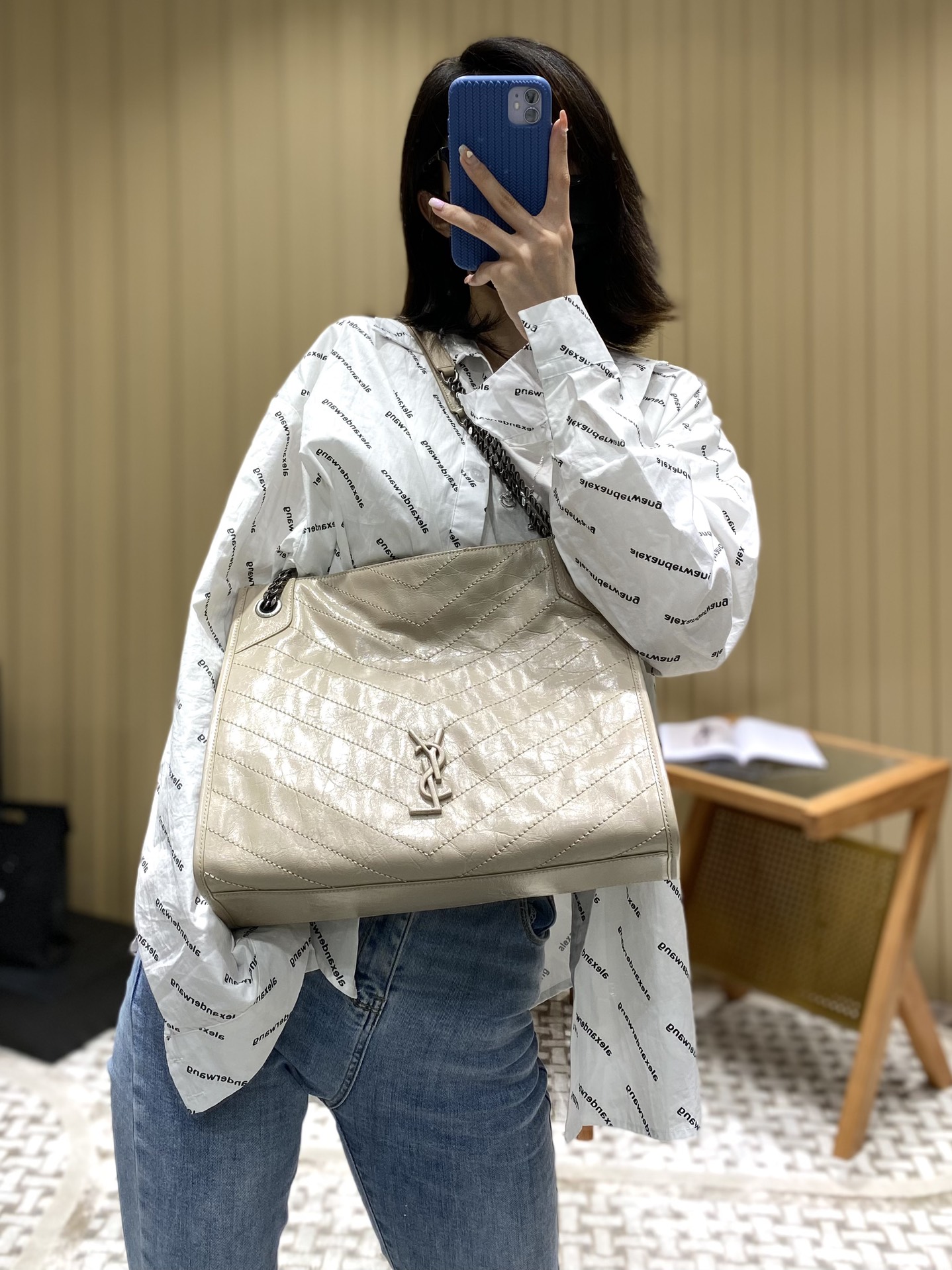 YSL NIKI SHOPPING BAG 33CM 577999奶茶色油蜡牛皮