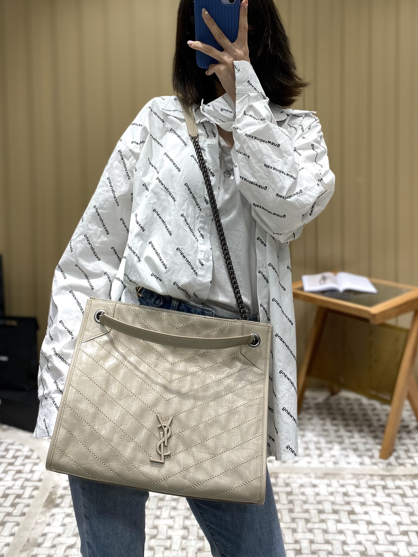 YSL NIKI SHOPPING BAG 33CM 577999奶茶色油蜡牛皮