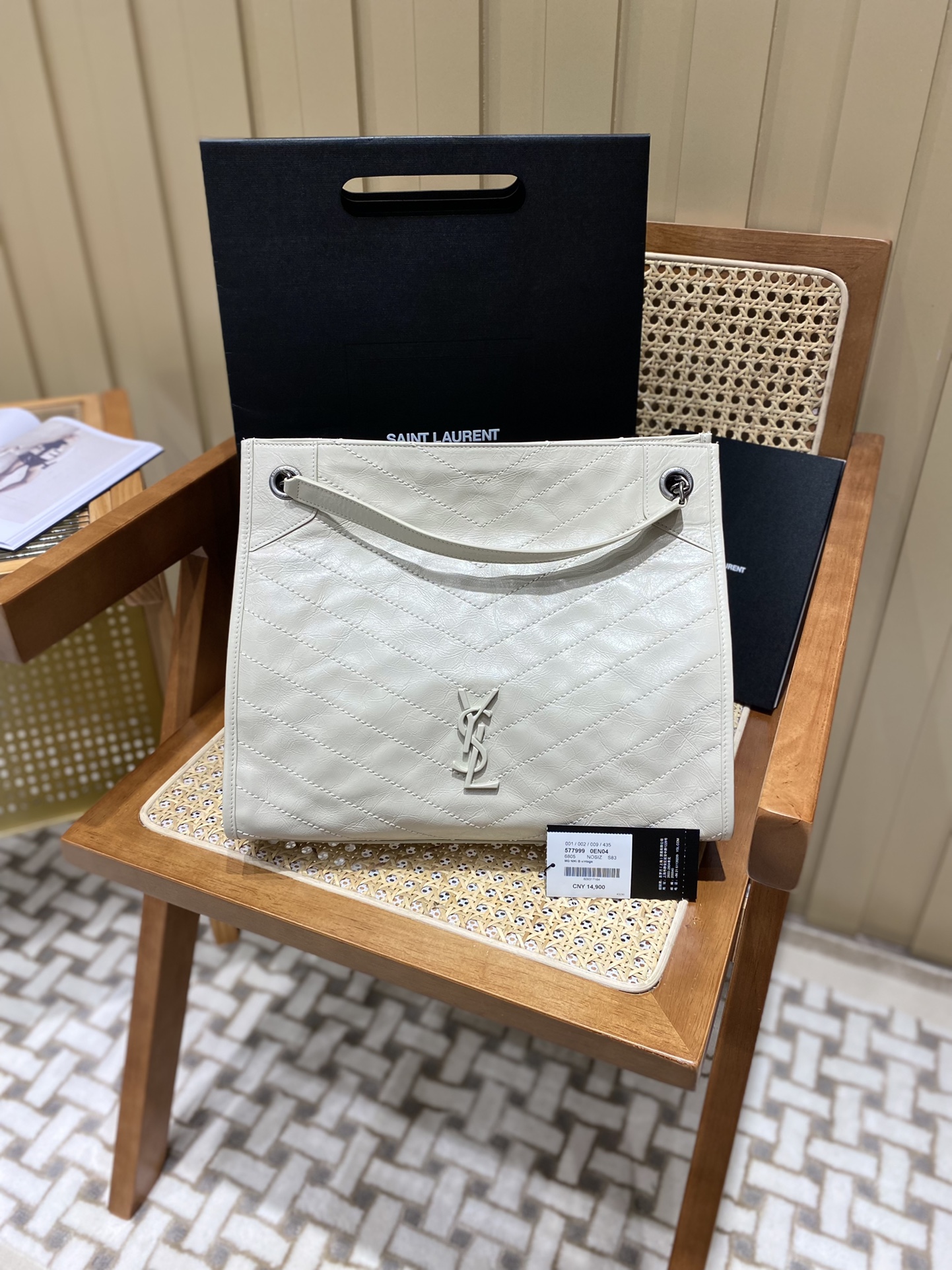 YSL NIKI SHOPPING BAG 33CM 577999奶白色油蜡牛皮