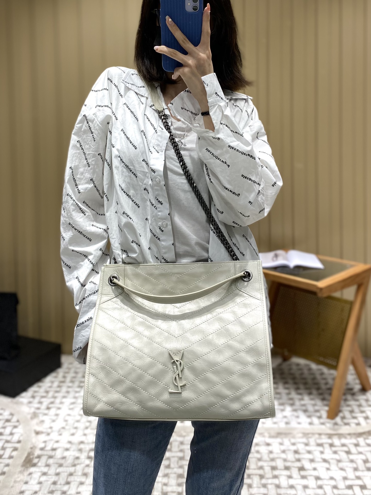 YSL NIKI SHOPPING BAG 33CM 577999奶白色油蜡牛皮