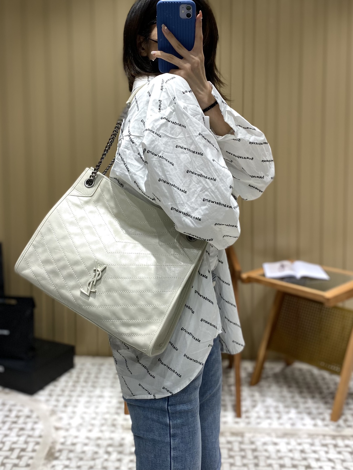 YSL NIKI SHOPPING BAG 33CM 577999奶白色油蜡牛皮