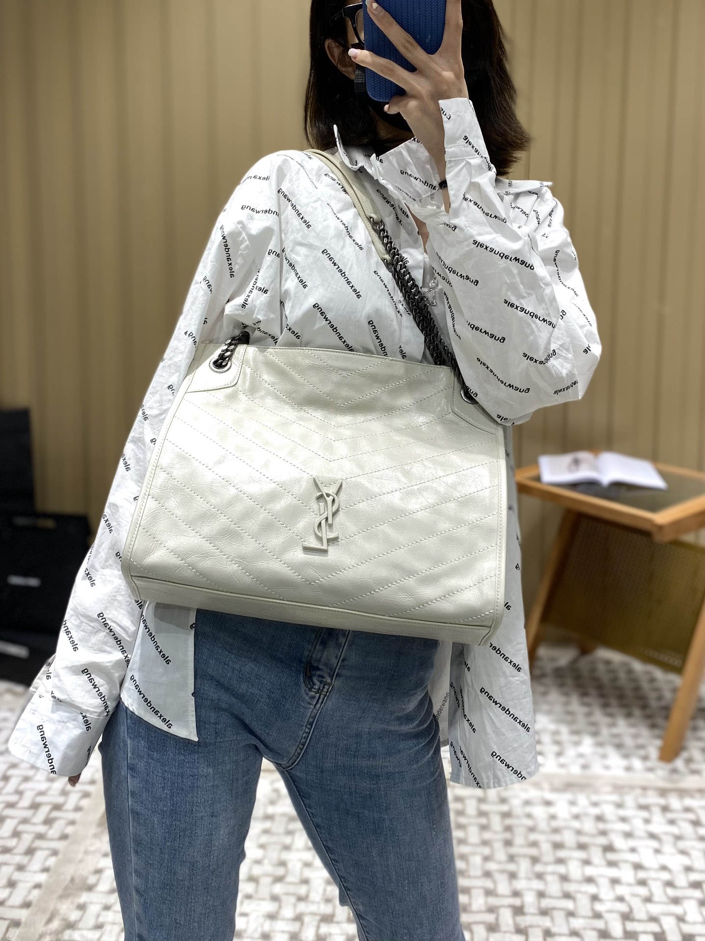 YSL NIKI SHOPPING BAG 33CM 577999奶白色油蜡牛皮