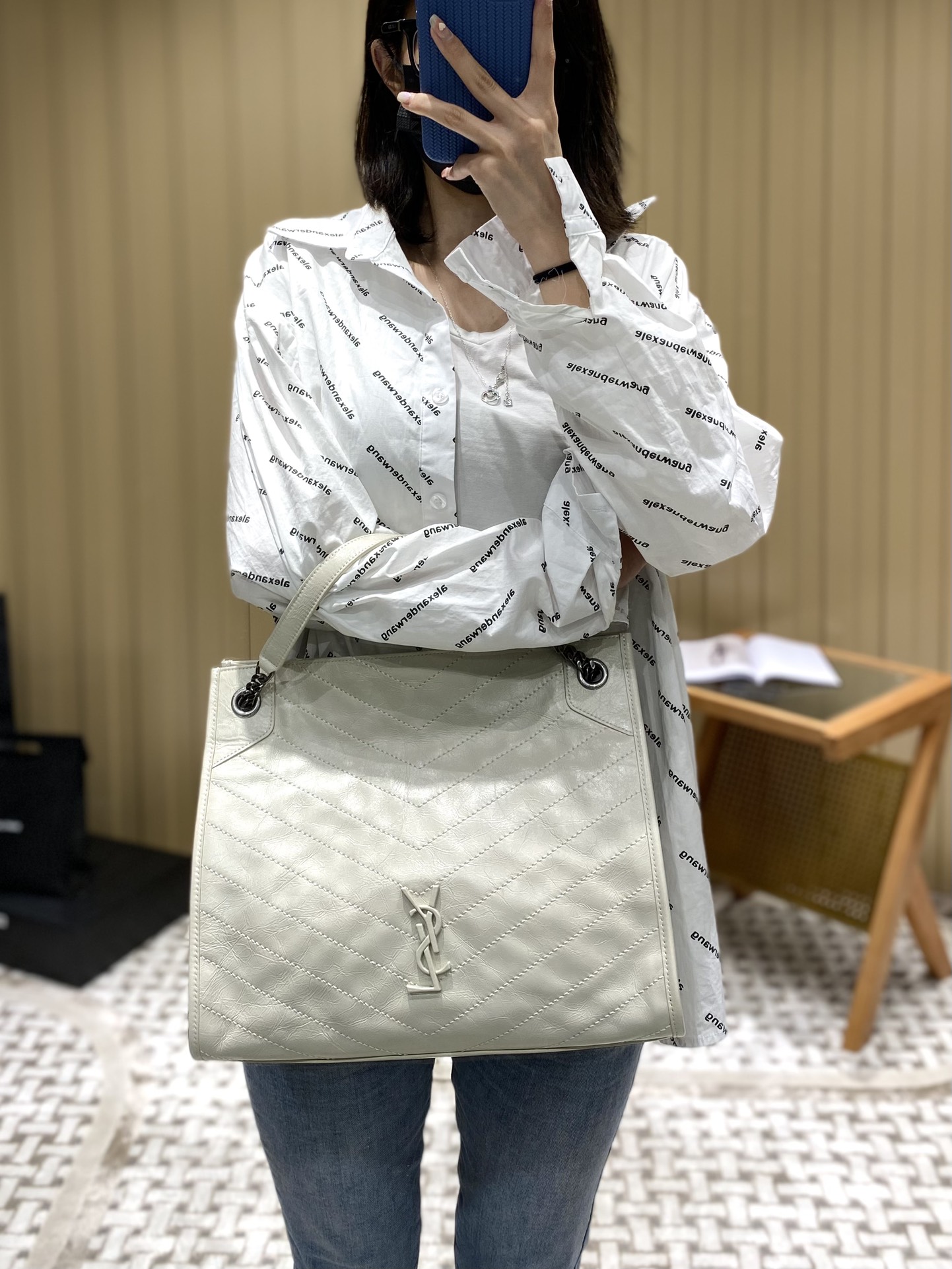 YSL NIKI SHOPPING BAG 33CM 577999奶白色油蜡牛皮