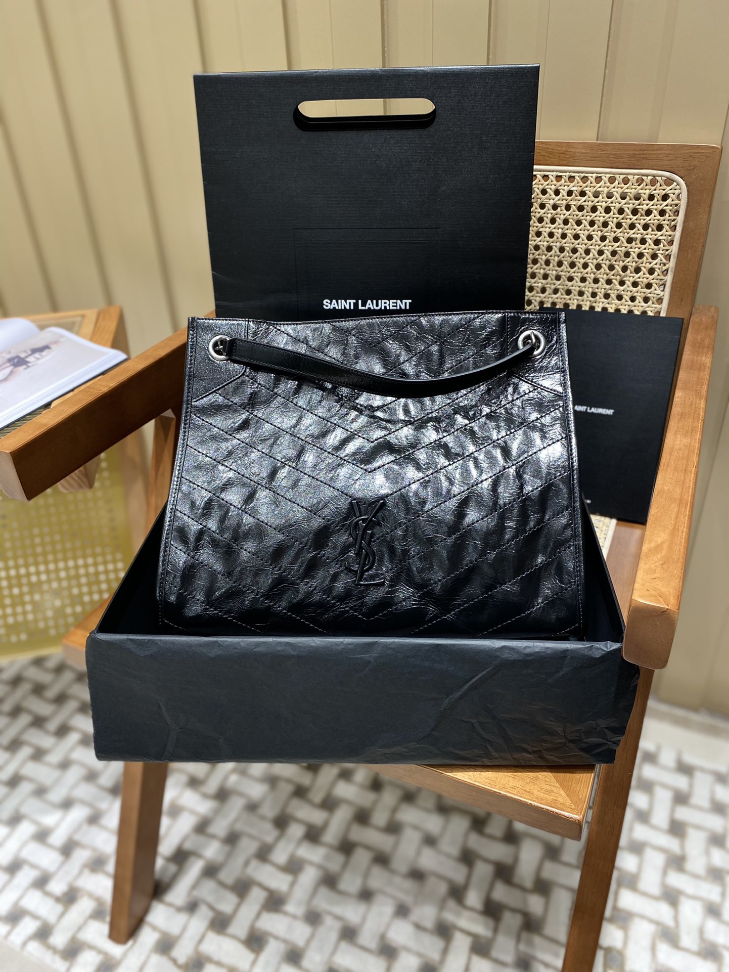 YSL NIKI SHOPPING BAG 33CM 577999黑色油蜡牛皮