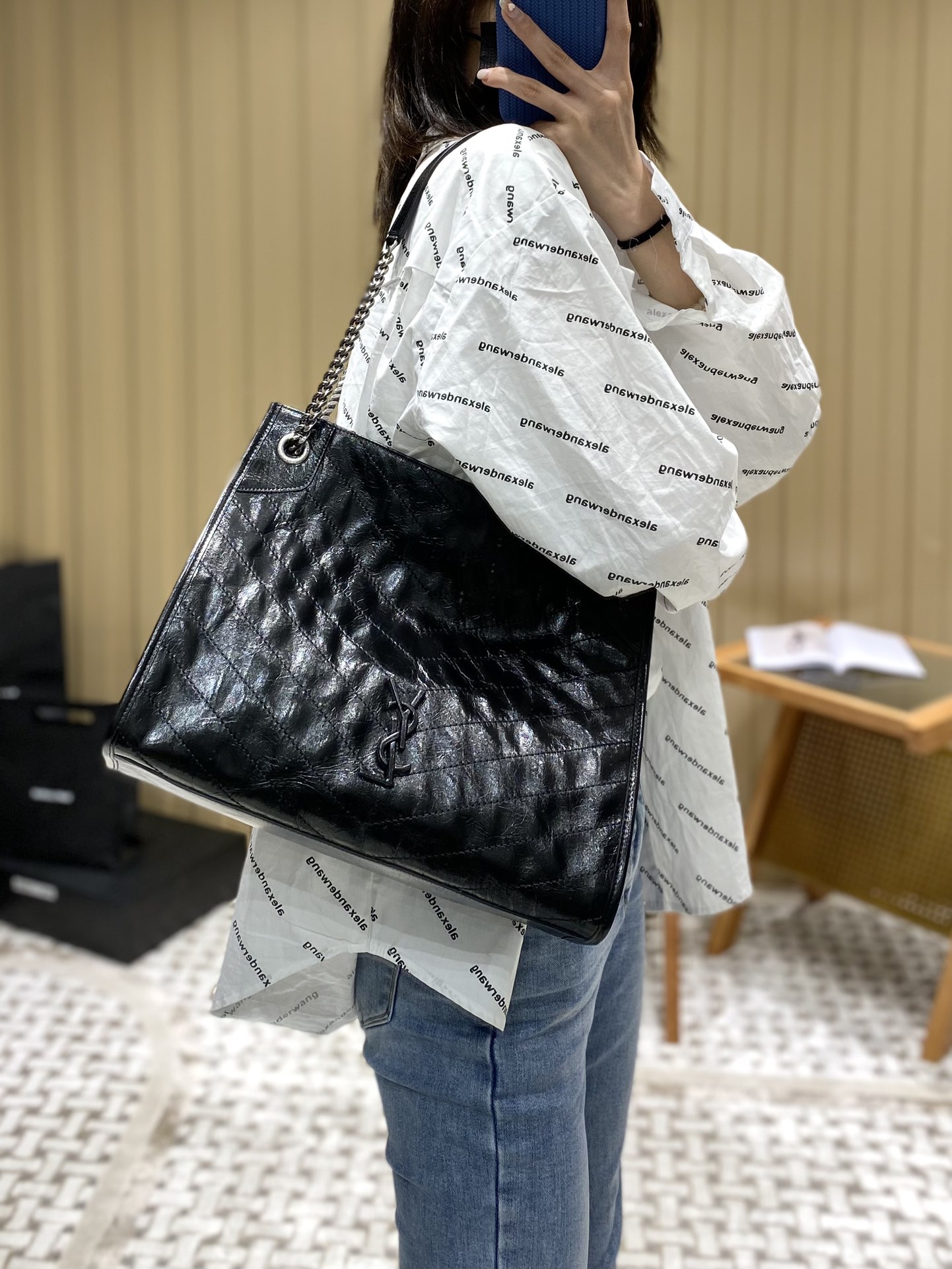 YSL NIKI SHOPPING BAG 33CM 577999黑色油蜡牛皮