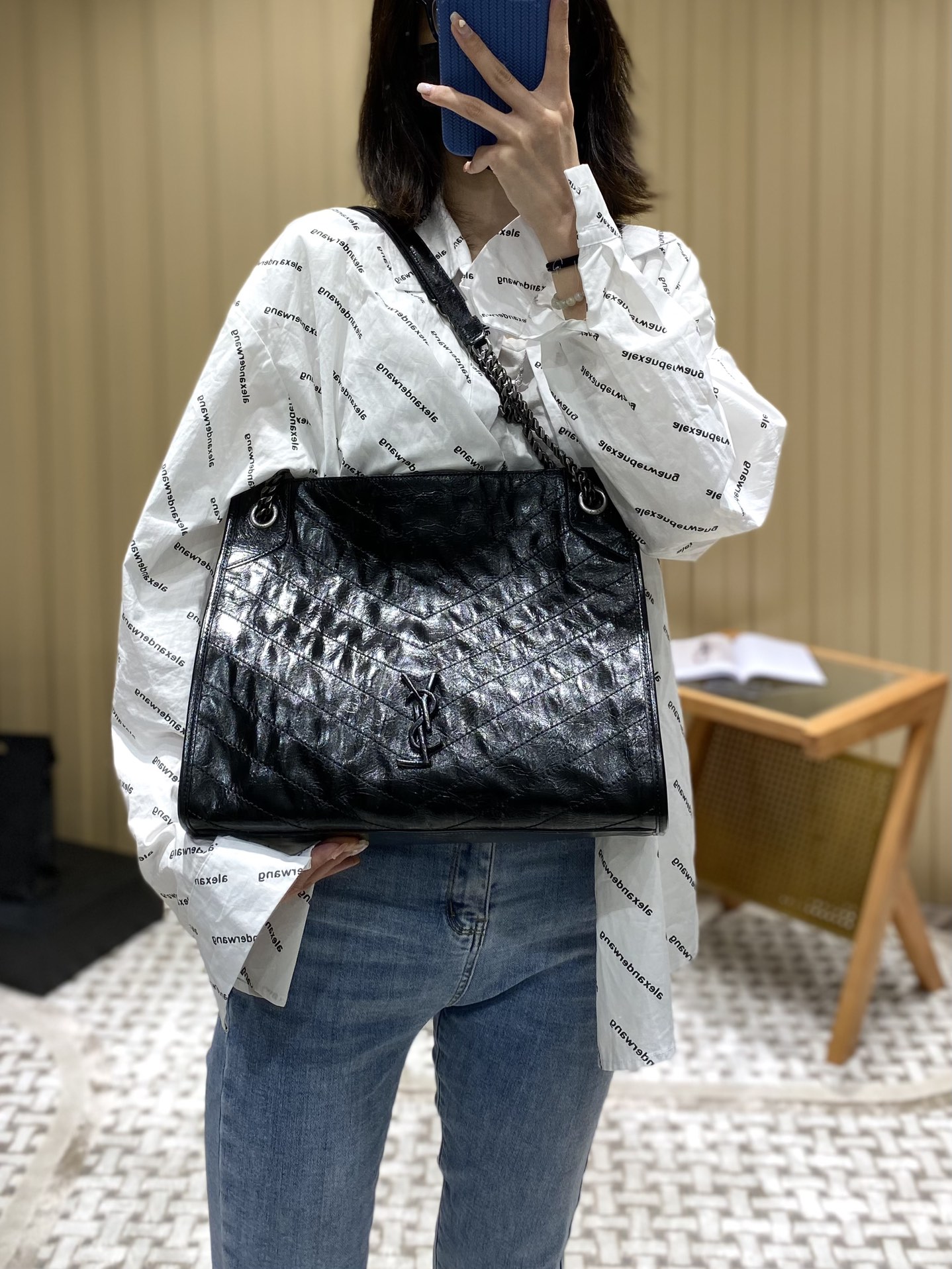 YSL NIKI SHOPPING BAG 33CM 577999黑色油蜡牛皮