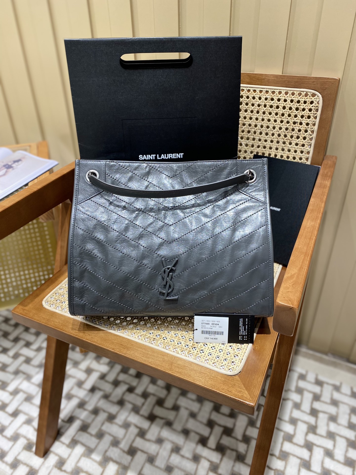 YSL NIKI SHOPPING BAG 33CM 577999深灰色油蜡牛皮