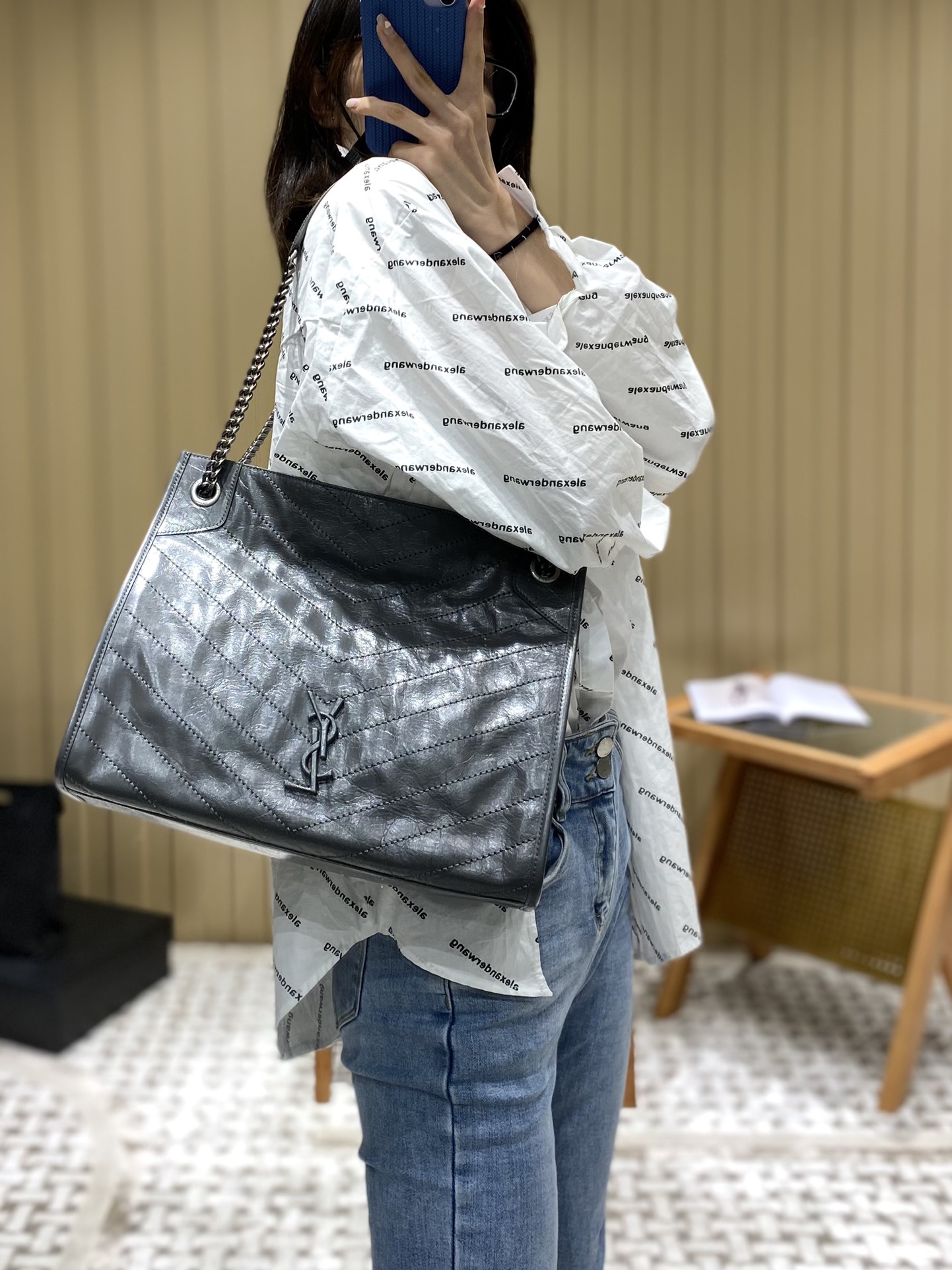 YSL NIKI SHOPPING BAG 33CM 577999深灰色油蜡牛皮