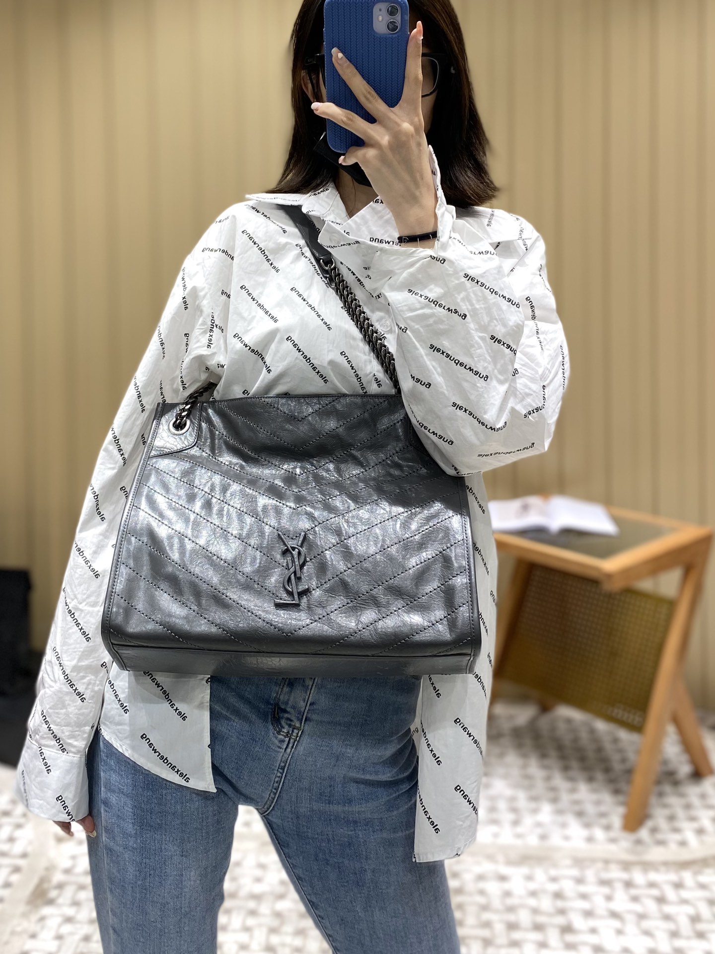 YSL NIKI SHOPPING BAG 33CM 577999深灰色油蜡牛皮