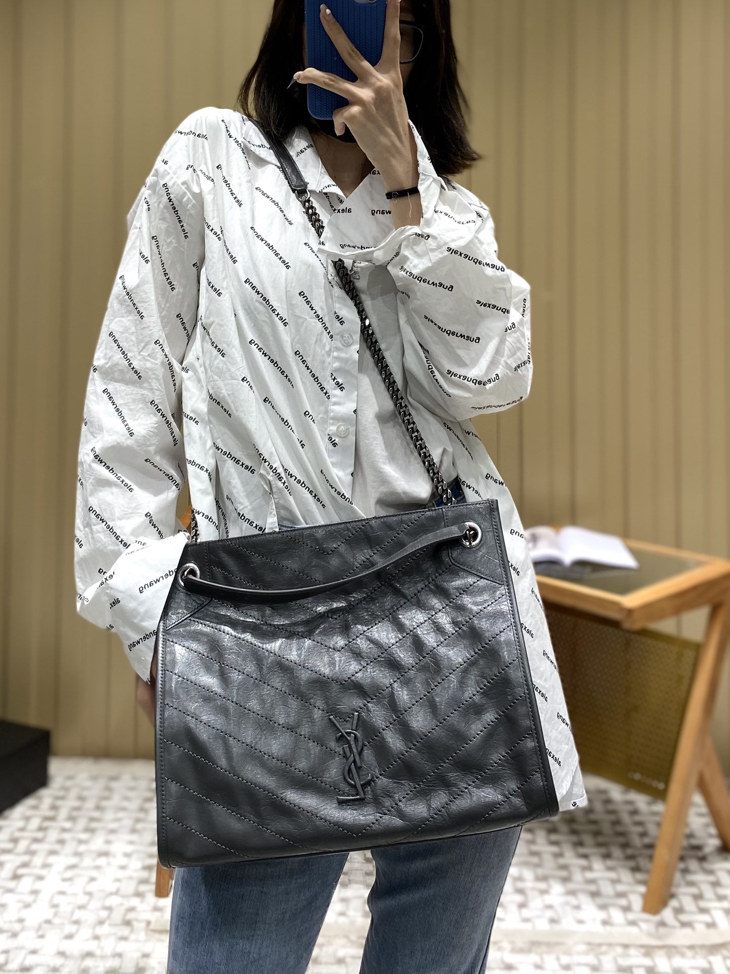 YSL NIKI SHOPPING BAG 33CM 577999深灰色油蜡牛皮