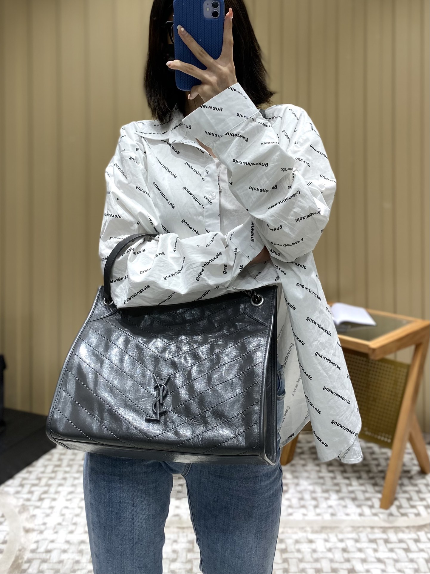 YSL NIKI SHOPPING BAG 33CM 577999深灰色油蜡牛皮