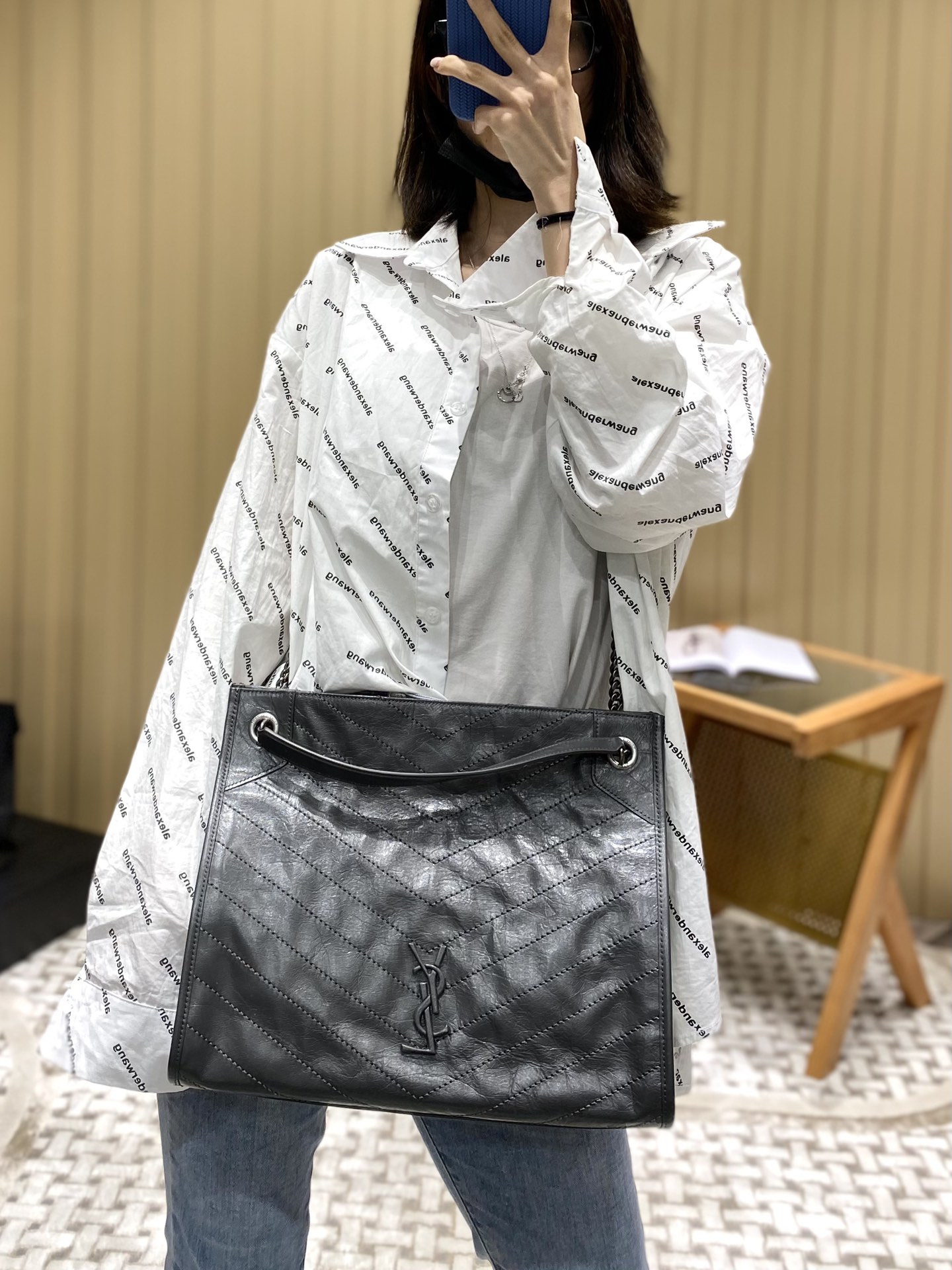 YSL NIKI SHOPPING BAG 33CM 577999深灰色油蜡牛皮