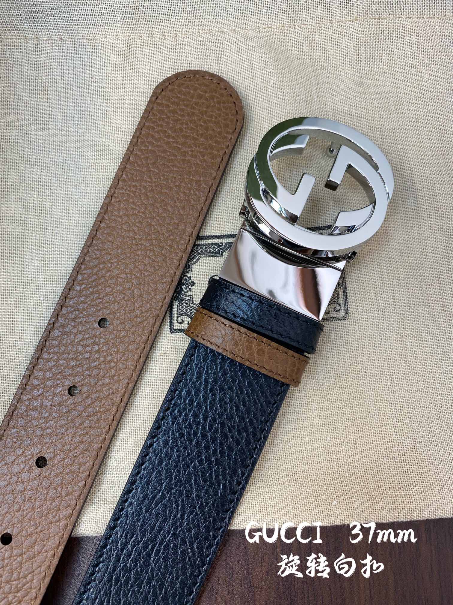 Gucci 古奇官网经典 正品规格 宽度3.8cm✨双面头层荔枝纹牛皮 双G抛光旋转亮面扣纯铜五金