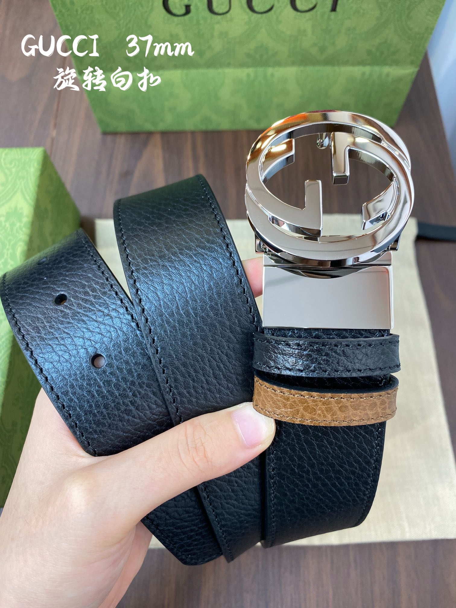 Gucci 古奇官网经典 正品规格 宽度3.8cm✨双面头层荔枝纹牛皮 双G抛光旋转亮面扣纯铜五金