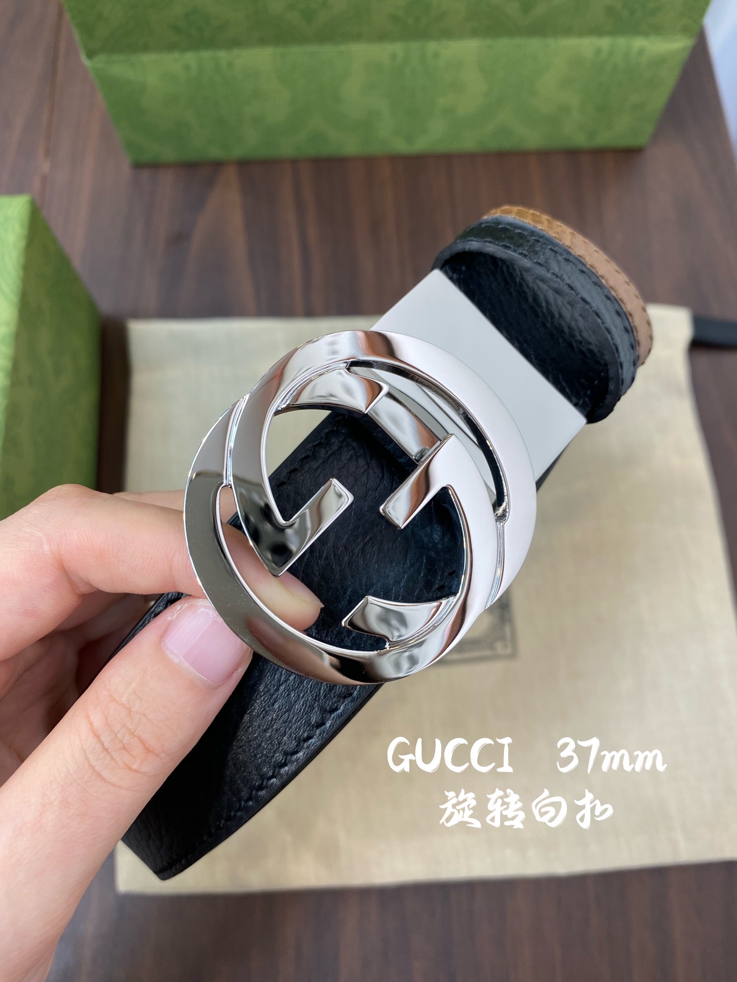 Gucci 古奇官网经典 正品规格 宽度3.8cm✨双面头层荔枝纹牛皮 双G抛光旋转亮面扣纯铜五金