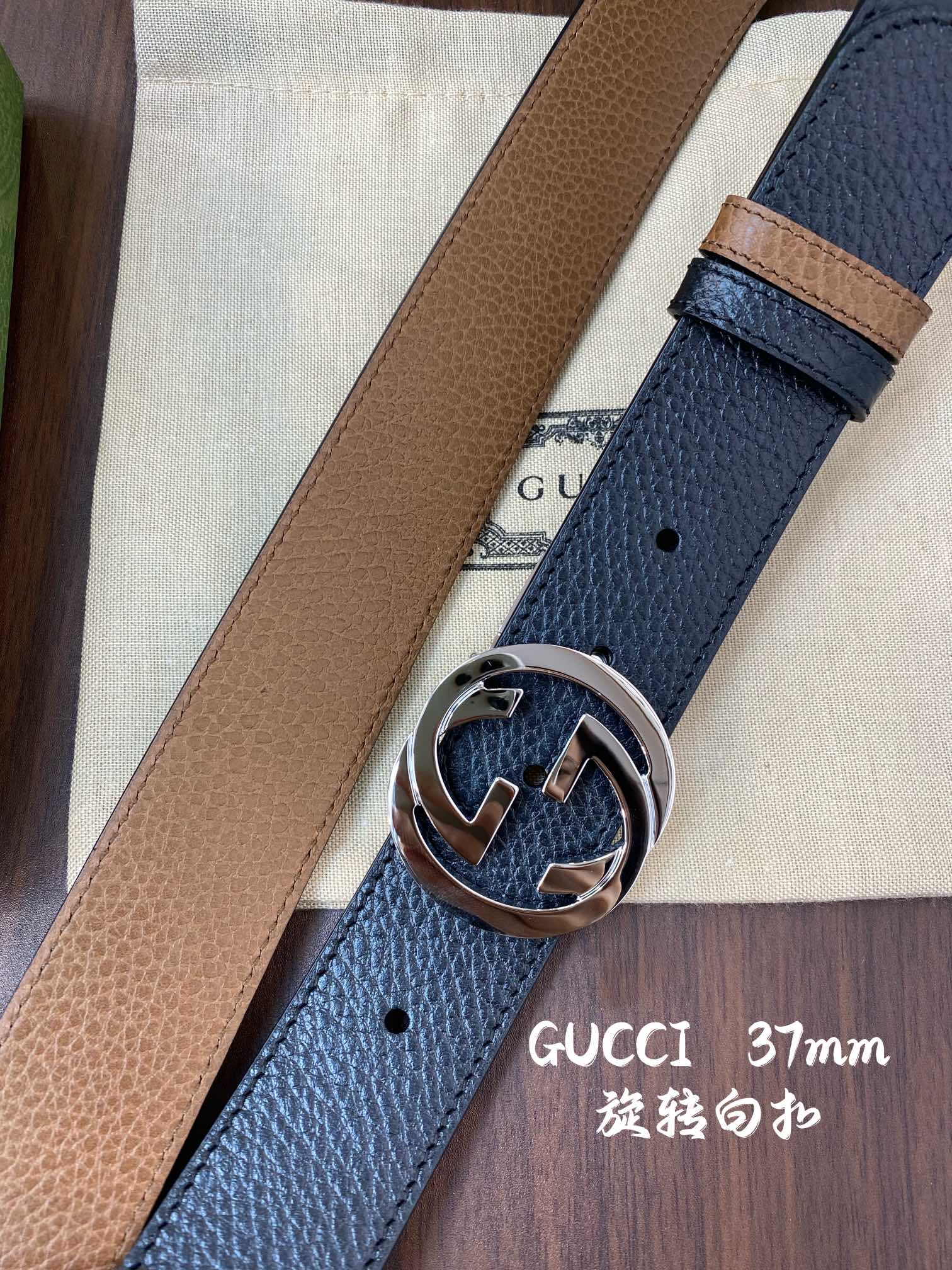 Gucci 古奇官网经典 正品规格 宽度3.8cm✨双面头层荔枝纹牛皮 双G抛光旋转亮面扣纯铜五金