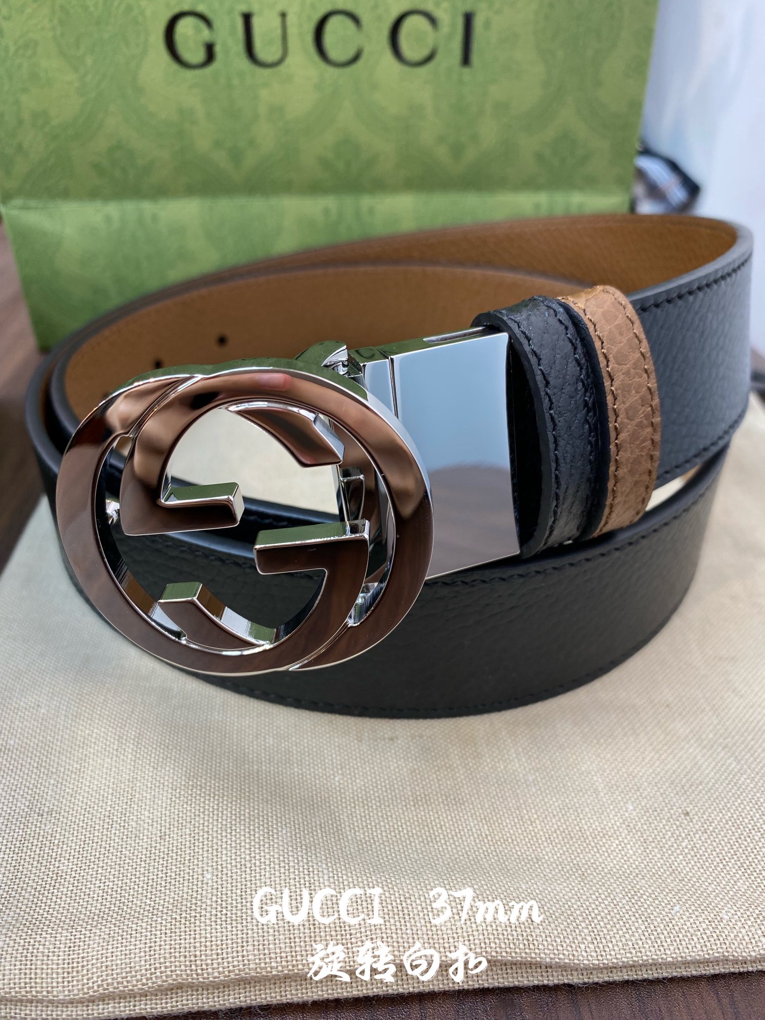 Gucci 古奇官网经典 正品规格 宽度3.8cm✨双面头层荔枝纹牛皮 双G抛光旋转亮面扣纯铜五金