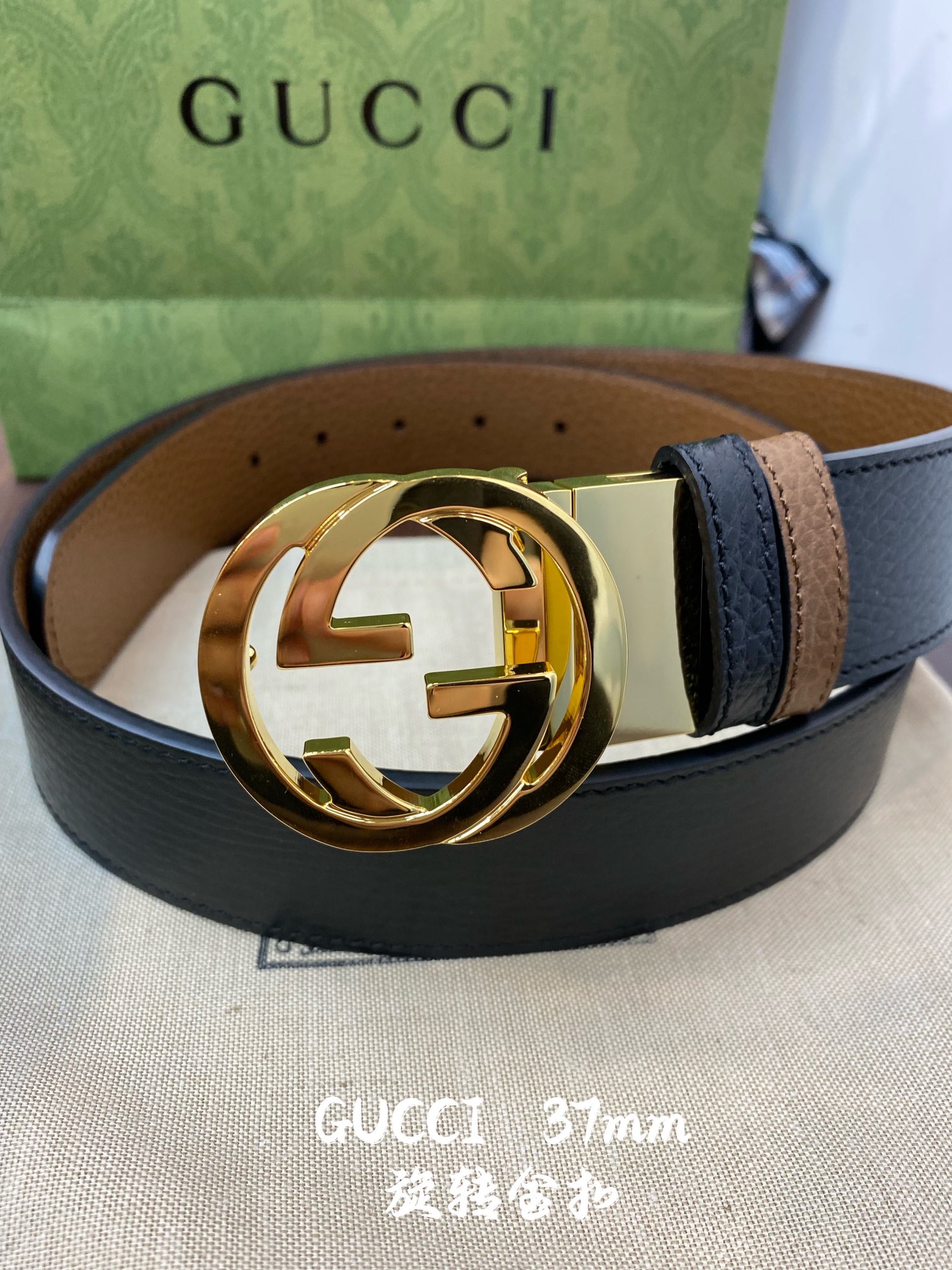 Gucci 古奇官网经典 正品规格 宽度3.8cm✨双面头层荔枝纹牛皮 双G抛光旋转亮面扣纯铜五金