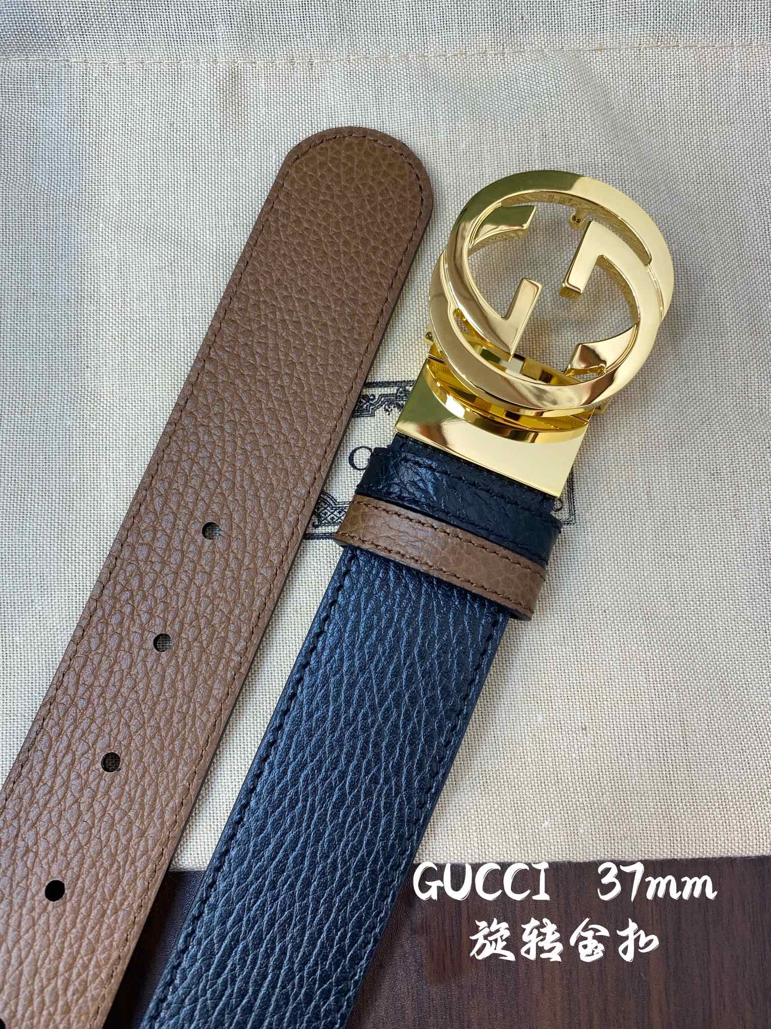 Gucci 古奇官网经典 正品规格 宽度3.8cm✨双面头层荔枝纹牛皮 双G抛光旋转亮面扣纯铜五金