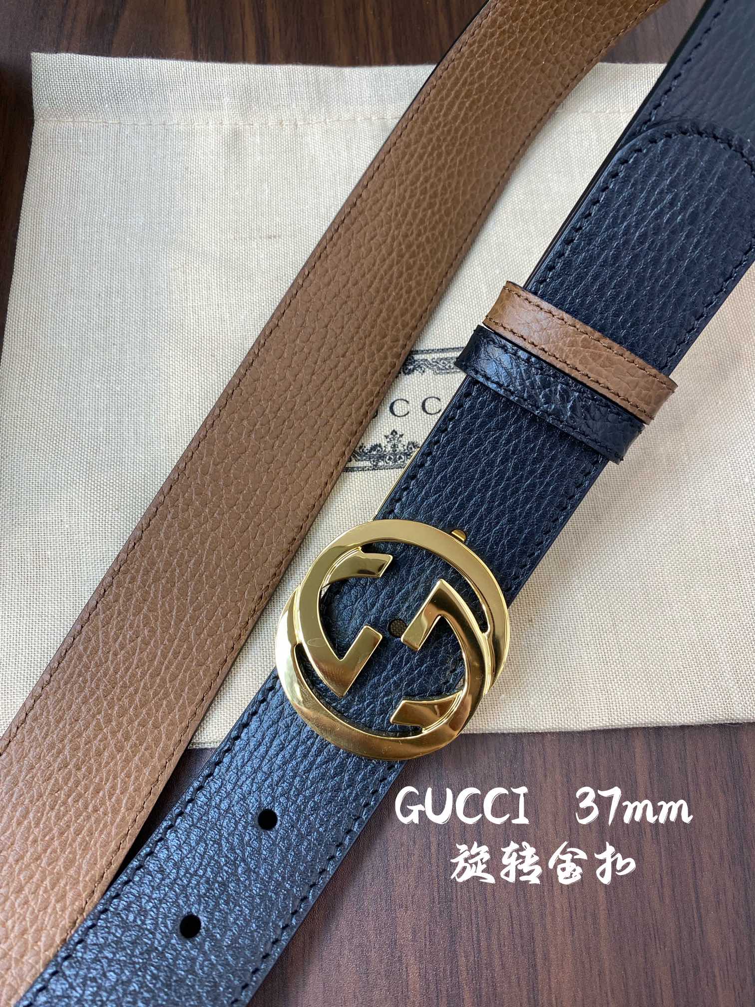 Gucci 古奇官网经典 正品规格 宽度3.8cm✨双面头层荔枝纹牛皮 双G抛光旋转亮面扣纯铜五金