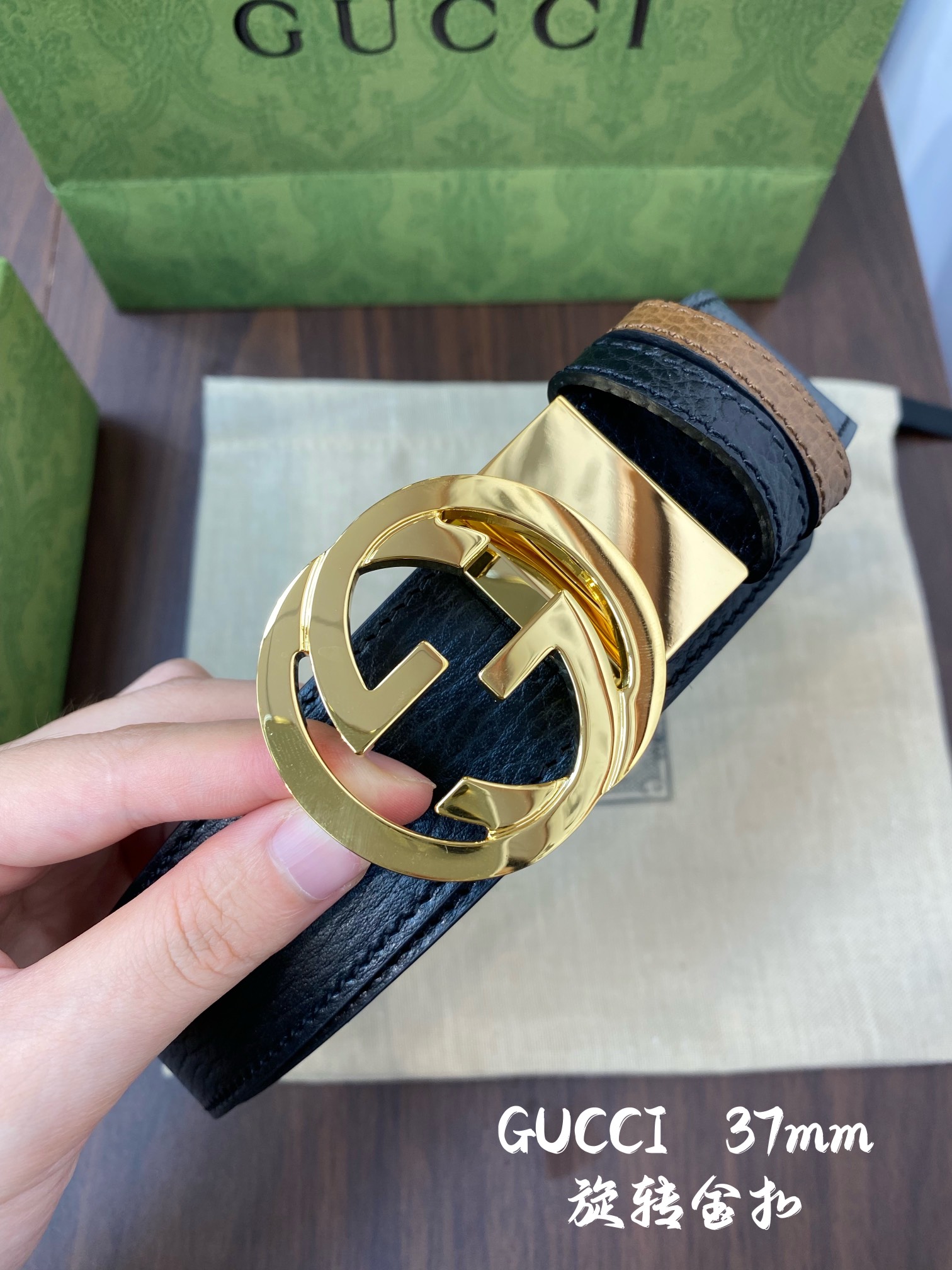 Gucci 古奇官网经典 正品规格 宽度3.8cm✨双面头层荔枝纹牛皮 双G抛光旋转亮面扣纯铜五金