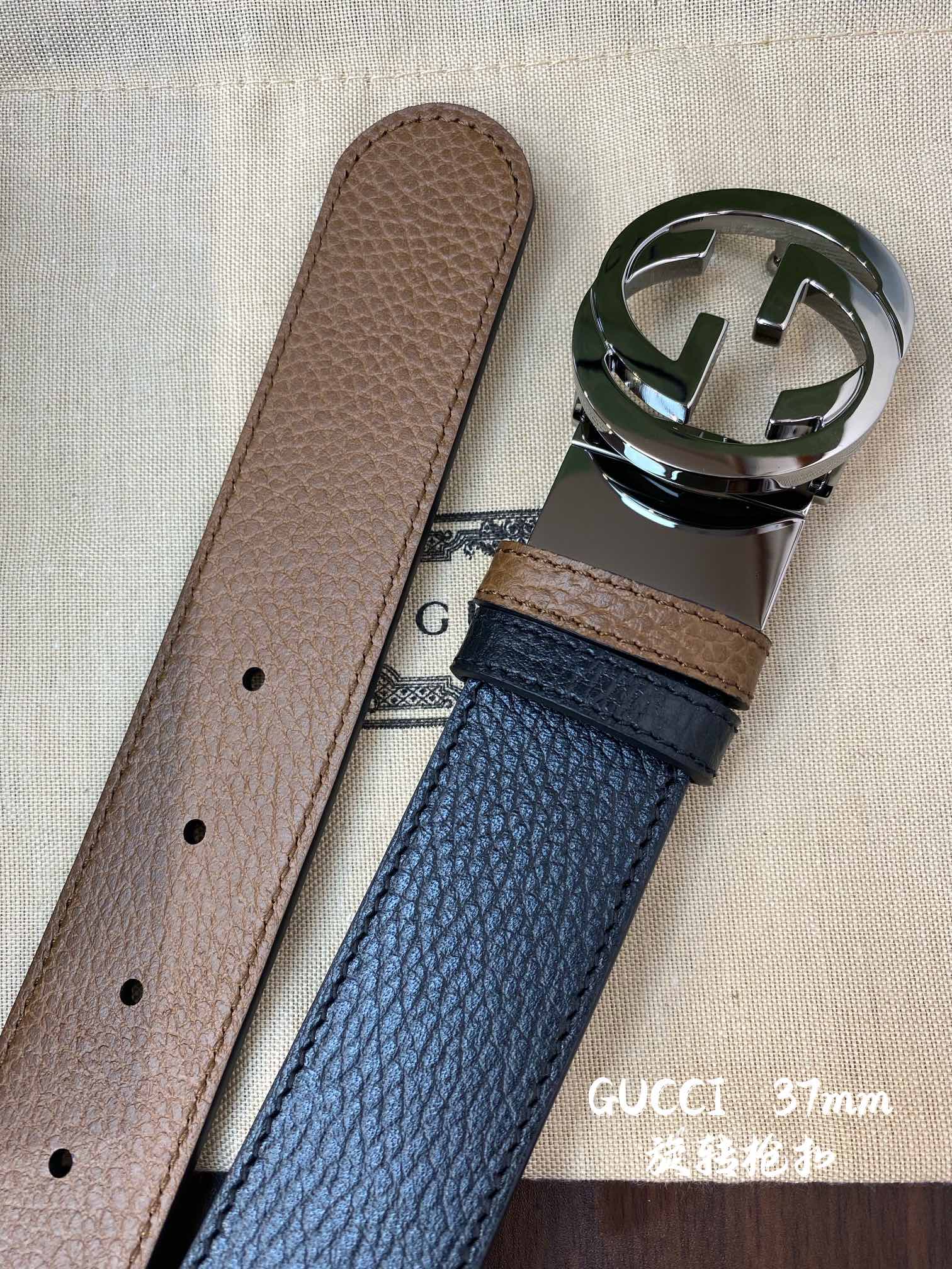 Gucci 古奇官网经典 正品规格 宽度3.8cm✨双面头层荔枝纹牛皮 双G抛光旋转亮面扣纯铜五金
