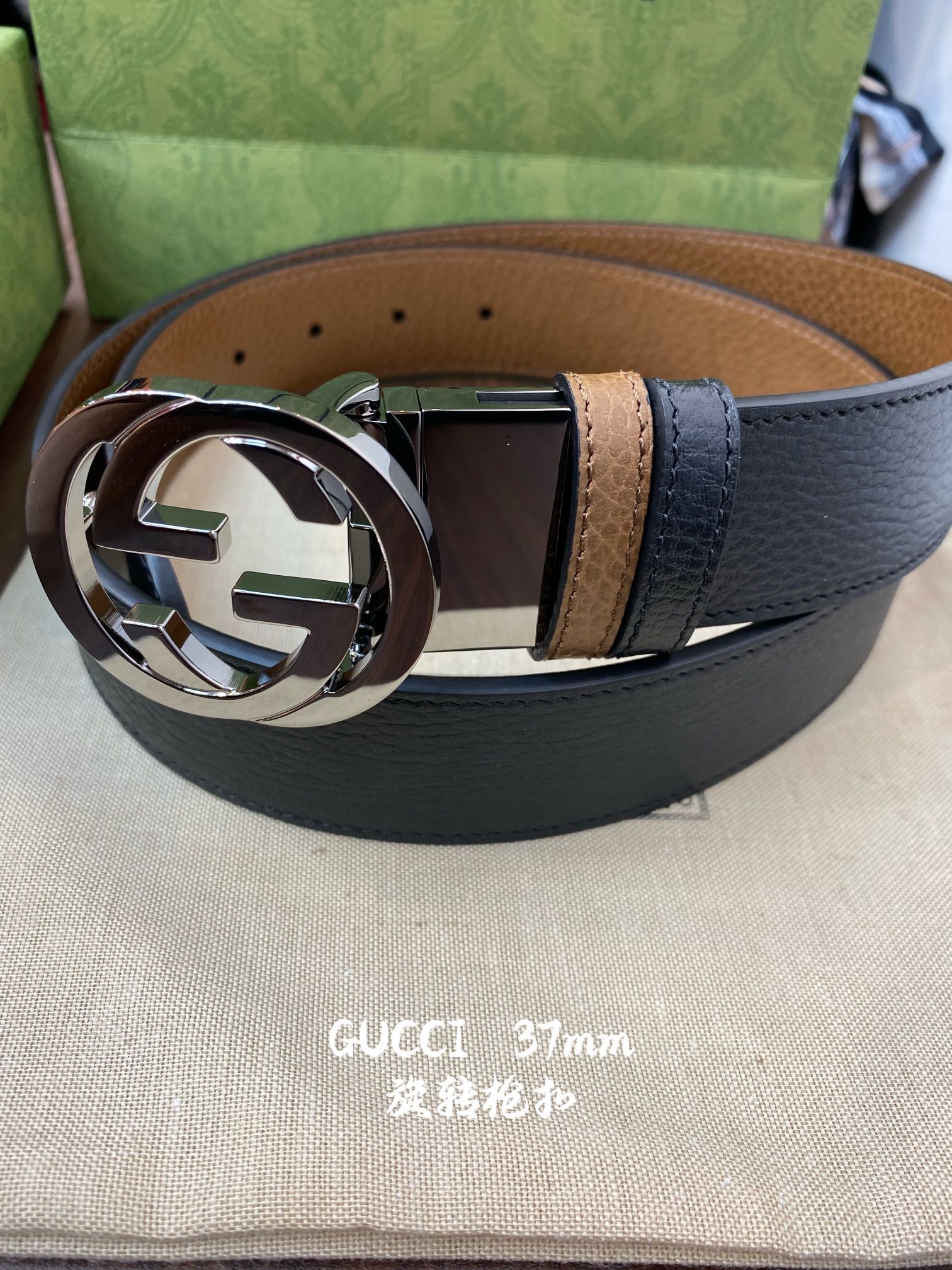 Gucci 古奇官网经典 正品规格 宽度3.8cm✨双面头层荔枝纹牛皮 双G抛光旋转亮面扣纯铜五金