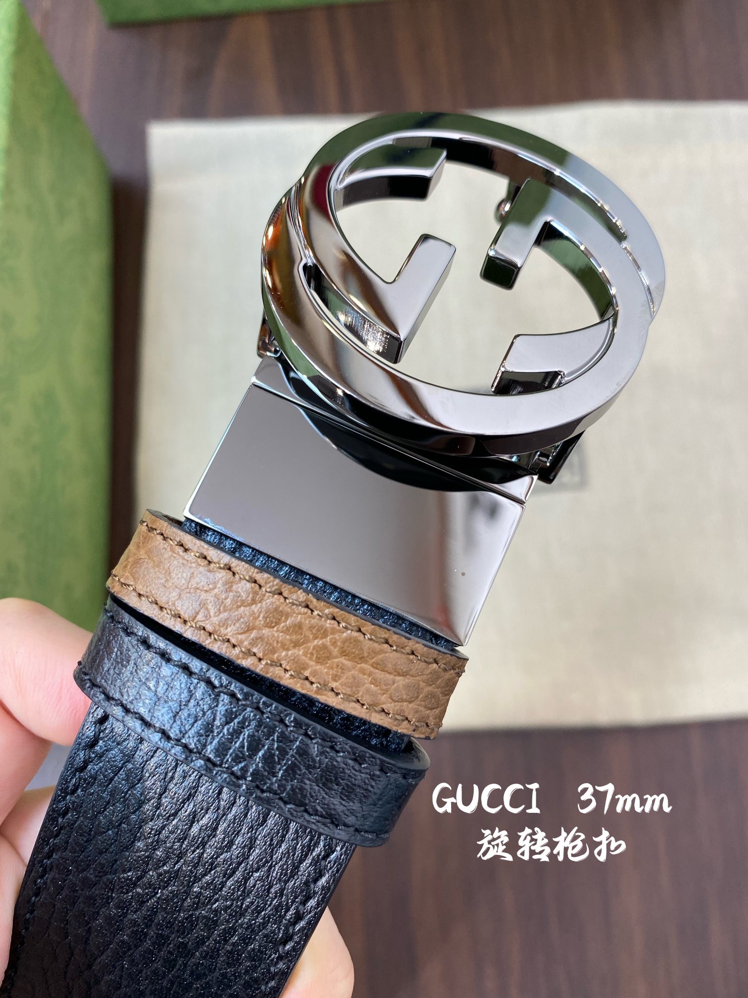 Gucci 古奇官网经典 正品规格 宽度3.8cm✨双面头层荔枝纹牛皮 双G抛光旋转亮面扣纯铜五金