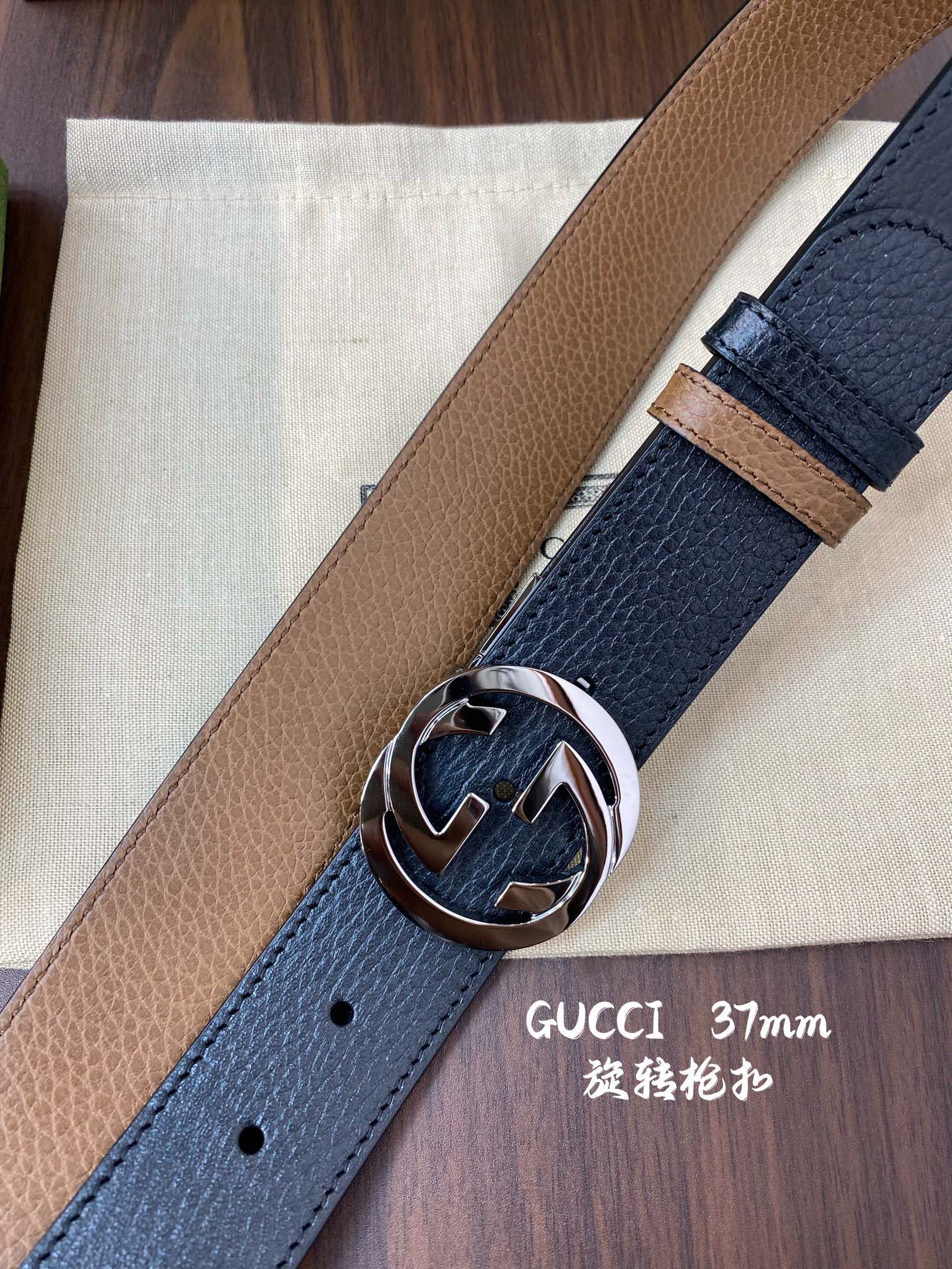 Gucci 古奇官网经典 正品规格 宽度3.8cm✨双面头层荔枝纹牛皮 双G抛光旋转亮面扣纯铜五金
