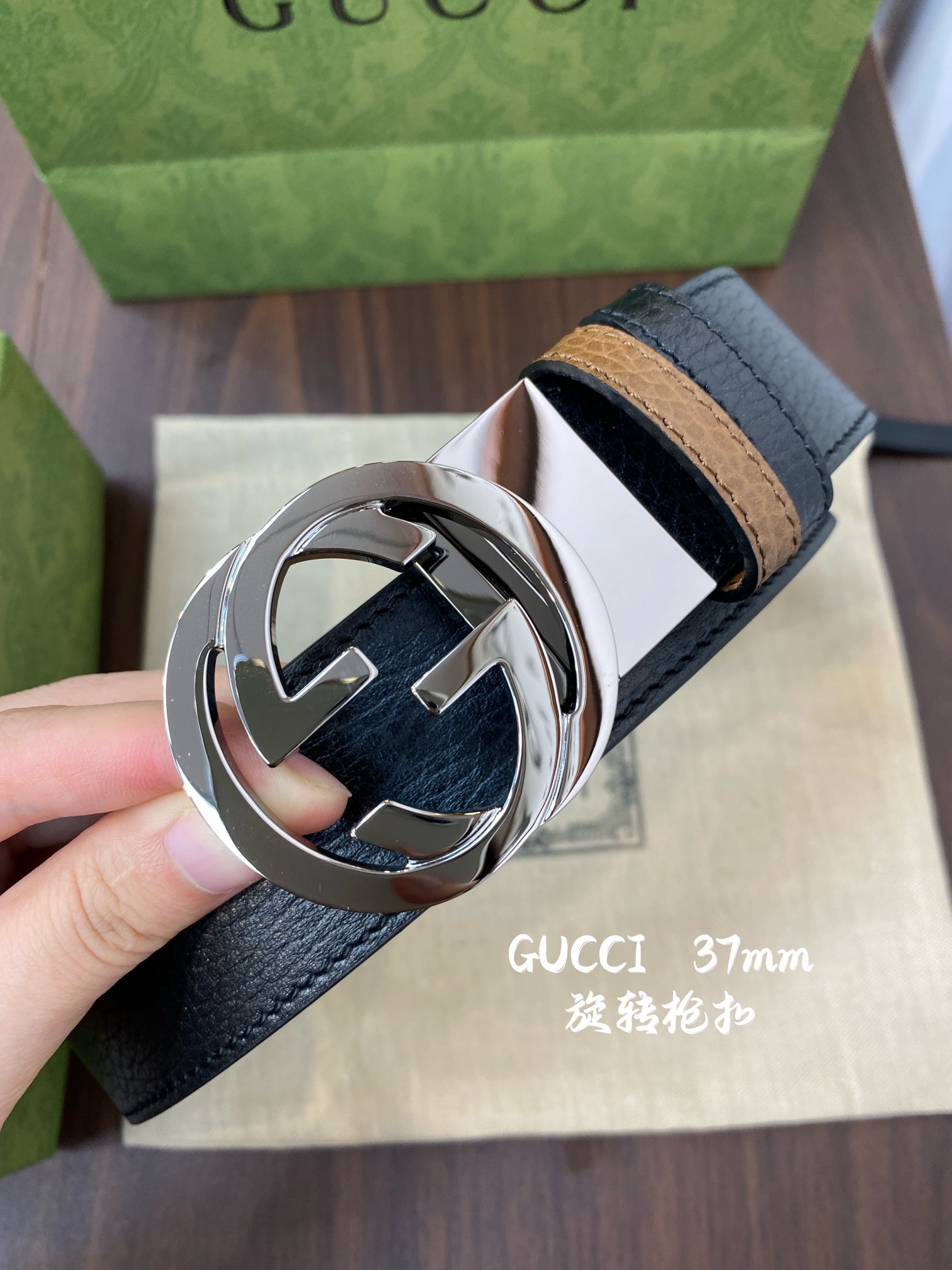 Gucci 古奇官网经典 正品规格 宽度3.8cm✨双面头层荔枝纹牛皮 双G抛光旋转亮面扣纯铜五金
