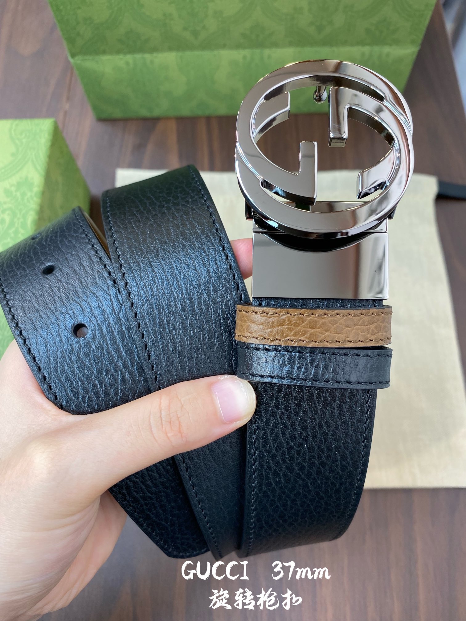 Gucci 古奇官网经典 正品规格 宽度3.8cm✨双面头层荔枝纹牛皮 双G抛光旋转亮面扣纯铜五金