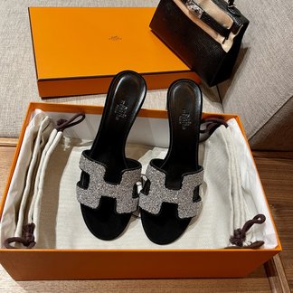 Hermes Shoes Slippers Black Genuine Leather Lambskin Sheepskin