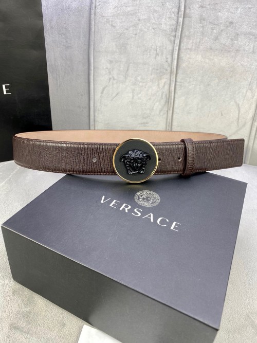 Versace Brown Leather Belt with Medusa Buckle, 4.0cm Width