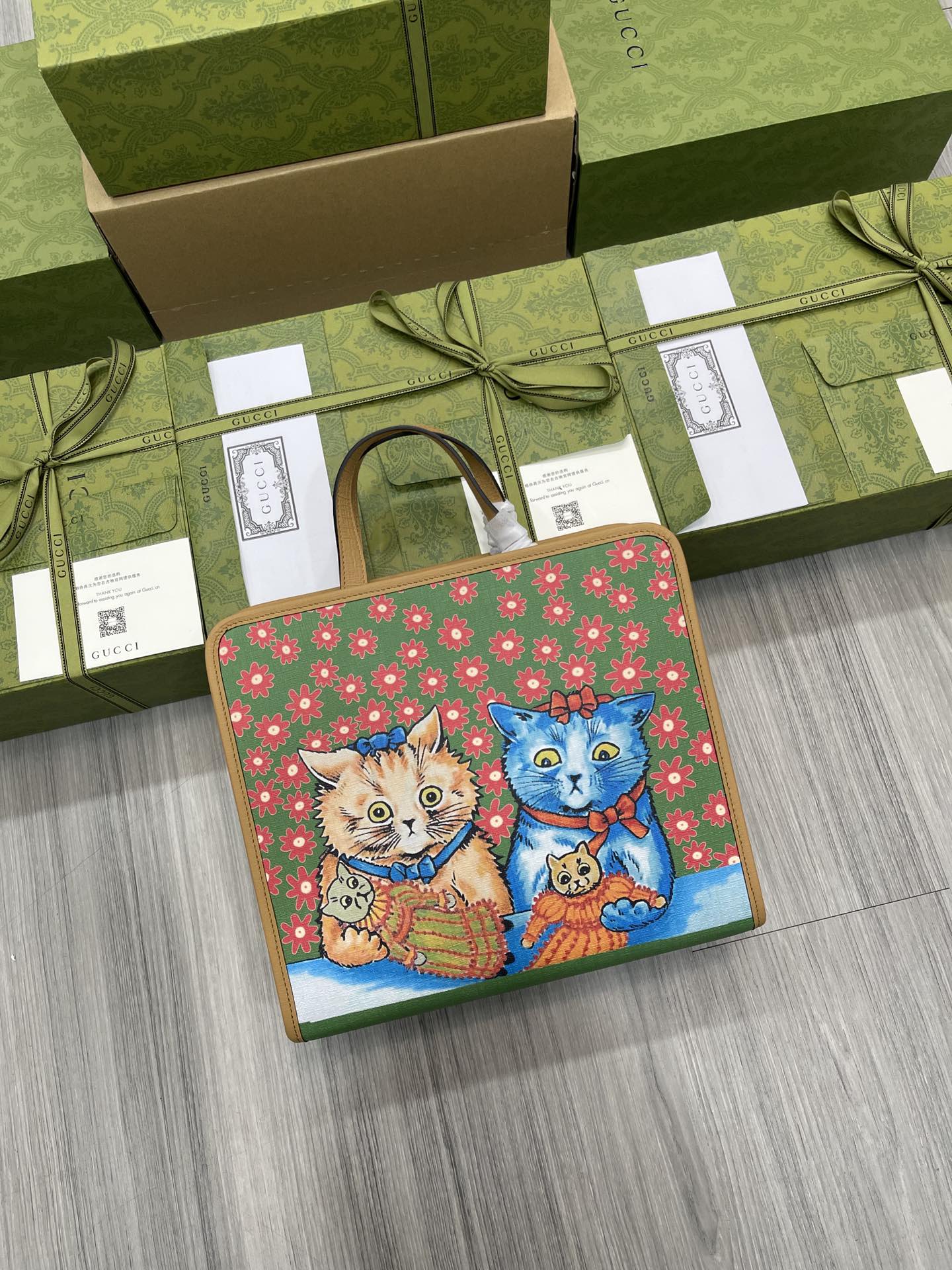 GUCCI Kids Tote Bag Cat Print Letter Interlocking Pattern