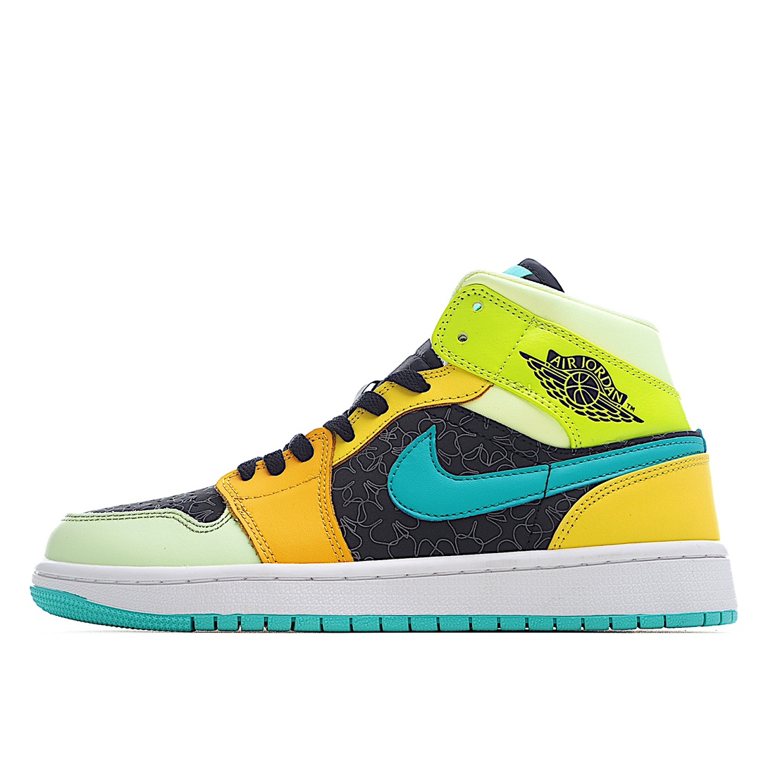 H0 Nike Air Jordan 1 Mid 四叶草又迎来了一款吸睛度爆棚的新配色 这款新配色以黑色、牛油果绿、柠檬黄和鲜橙色皮革拼接而成，辅以湖水蓝 Swoosh 和黑色飞翼 logo 的点缀。黑色部分四叶草暗纹，精致又奢华，搭载 3 M 反光材质，在暗光环境下营造出极其酷炫的视觉效果