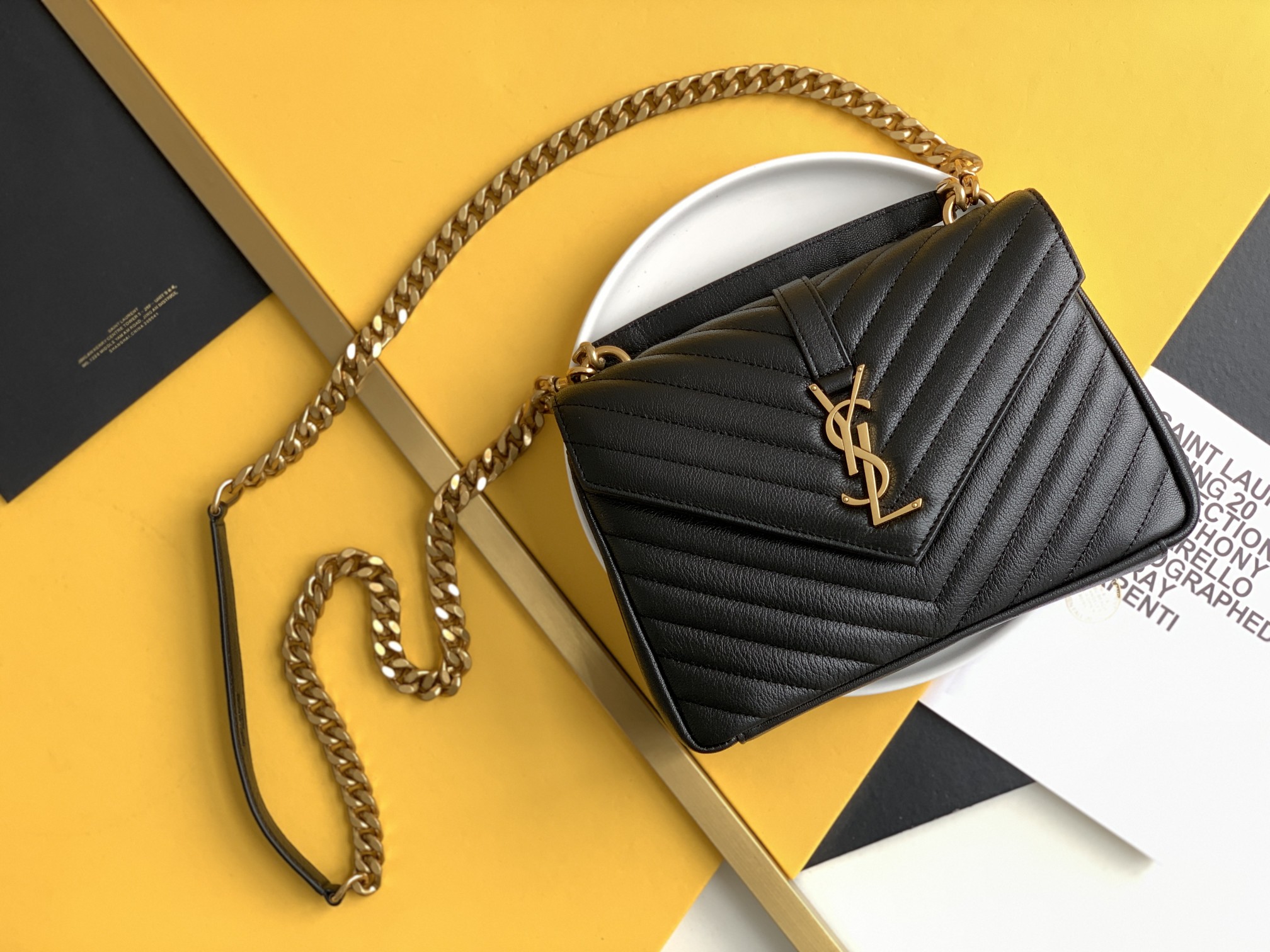 YSL messenger bag gold buckle black chain bag
