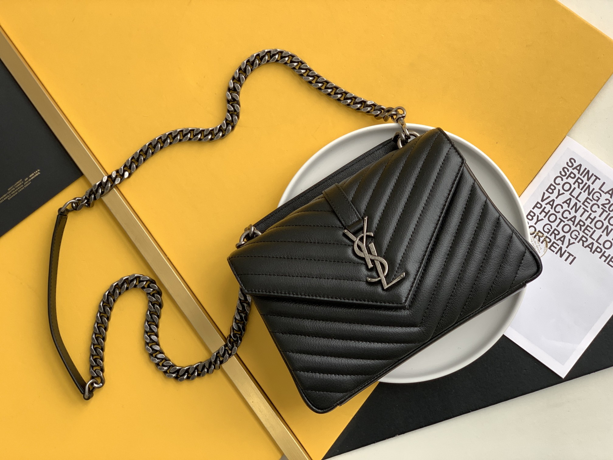 YSL messenger bag silver buckle black chain bag