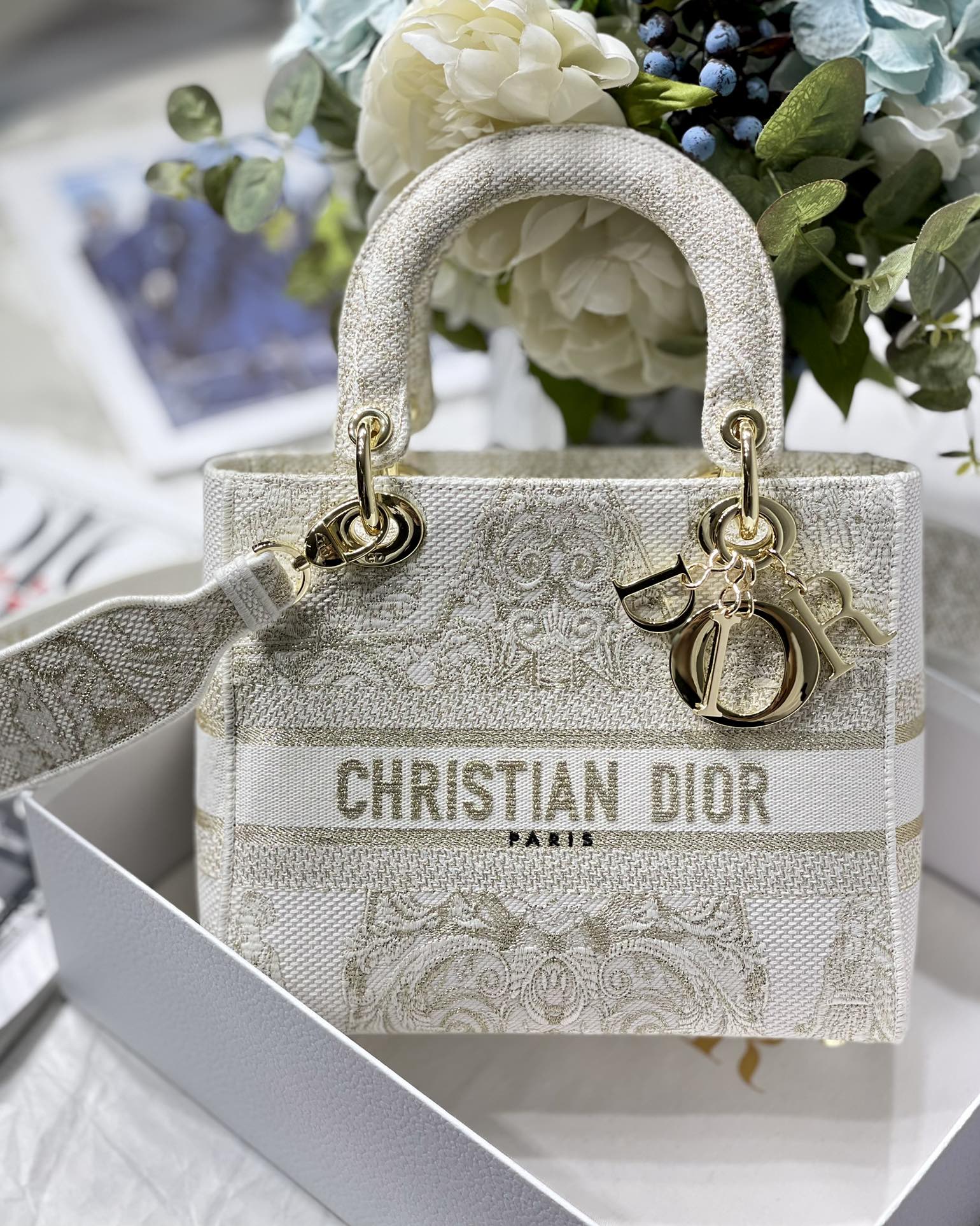 Dior Lady D вышыўка тканіна шырокі рэмень сумка