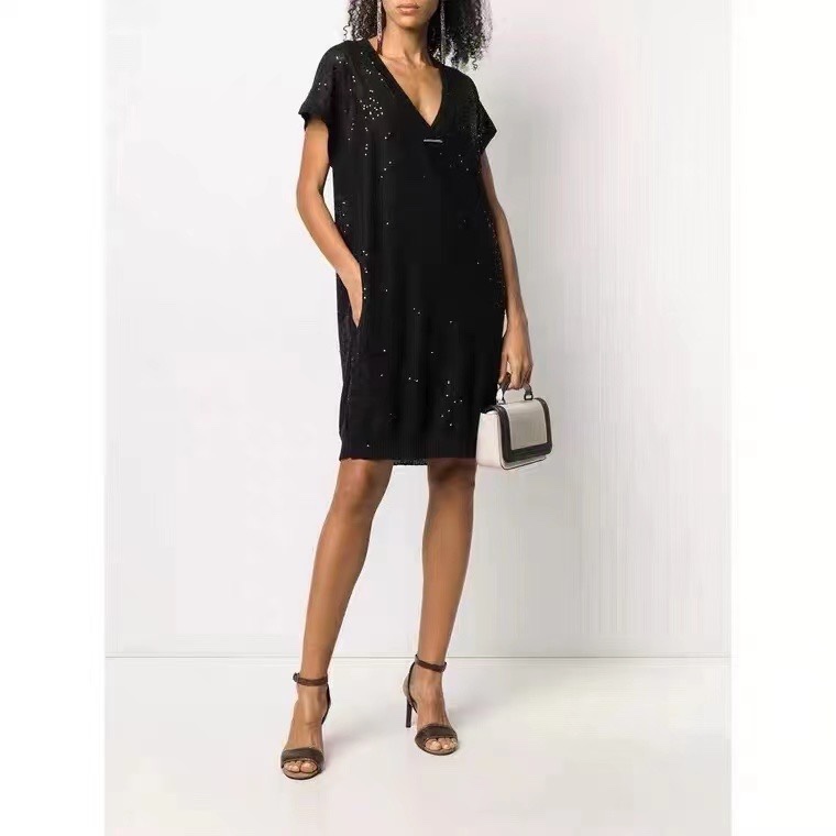 ZILIMARK Linen Silk Sequin Dress with Slip - Short Sleeve, V-Neck 8 i1648368447 3674 7