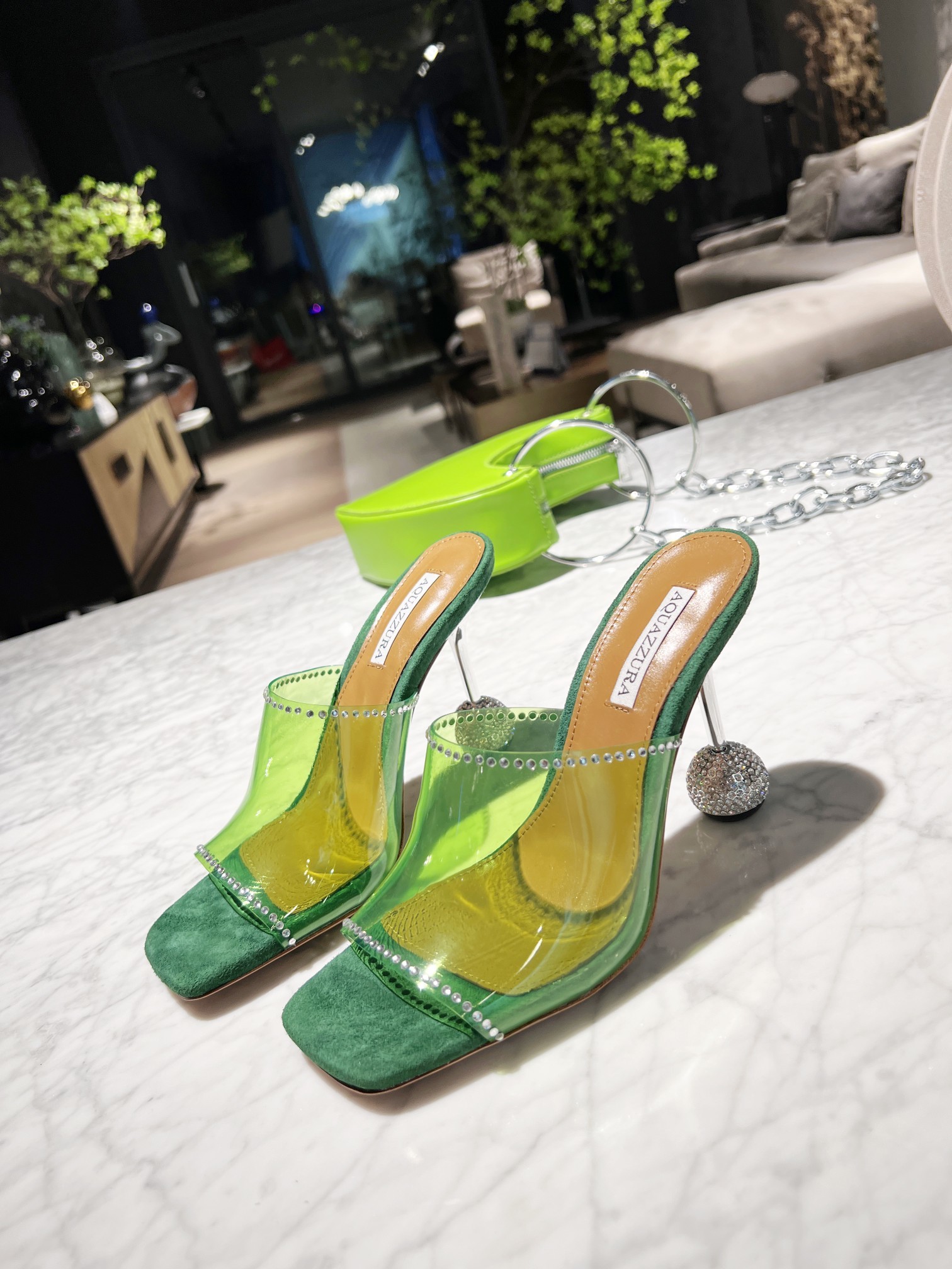 AQUAZZURA菠萝来️️ˢˢAquazzuea高跟系绑带凉鞋新品透明设计水晶镶嵌时尚新潮后置系带脚踝