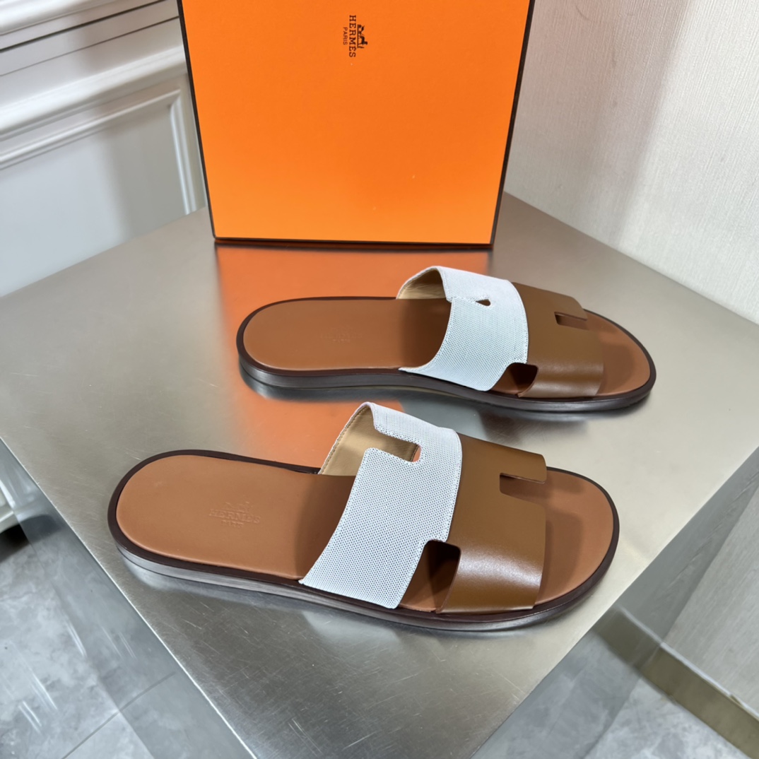 Hermes Shoes Sandals Slippers Men Cowhide Genuine Leather Summer Collection Beach