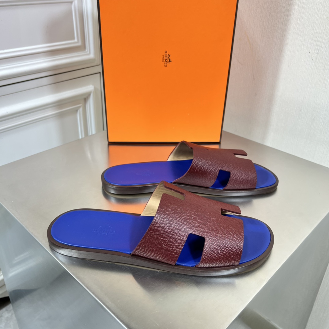 Hermes Sapatos Sandálias Chinelos Homens Couro de vaca genuíno Colecção Verão Praia