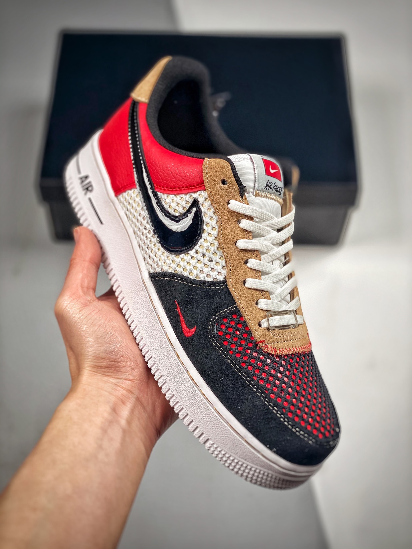 Push Hands 3 Nike Air Force 1 Low Casual Skate Shoes Black/Red Mesh Leather Original Grade Original Last and Paper Patt…