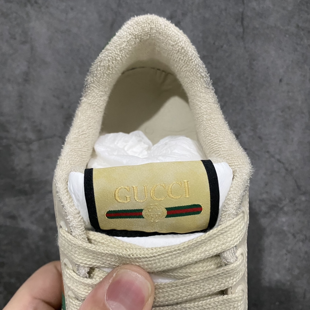 图片[8]-顶级代购版 Gucci做旧小脏鞋 ZP开发 原版开模 金属双G水晶圆柱形标 Gucci原版纹织带 真正水洗布标 鞋面擦色牛皮拼接经典双G布面料，皮面切口全油边封口工艺，原版毛巾布里细腻柔软更舒适透气，垫脚乳胶注塑一体，私模钢印，双色原版TPU大底(下层宽，上层窄) 配进口原版四边封干燥剂、原版18股鞋带，绿色盒子，与专柜配套包装一致 尺码：女34-40 男38-45-选品中心