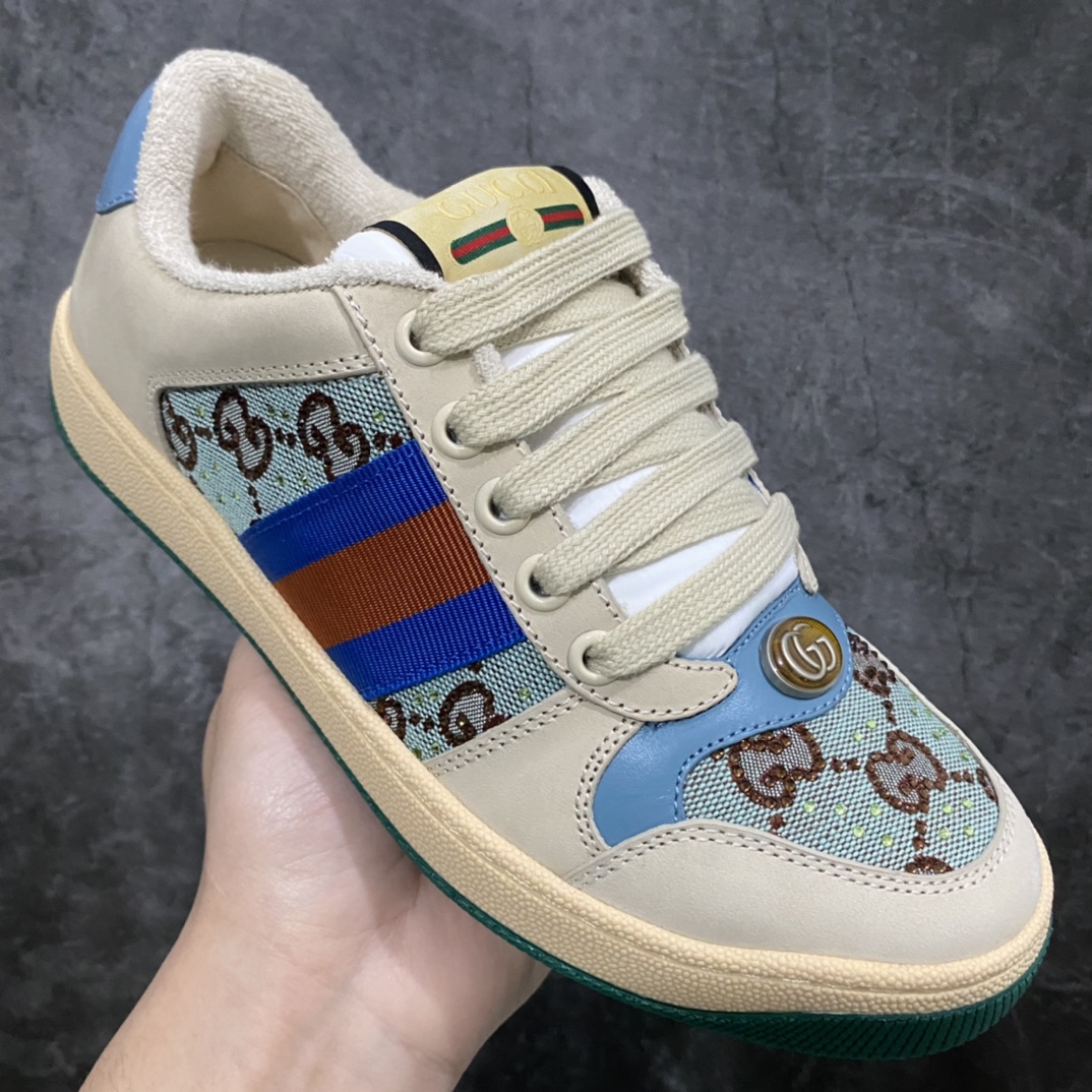 图片[3]-顶级代购版 Gucci做旧小脏鞋 ZP开发 原版开模 金属双G水晶圆柱形标 Gucci原版纹织带 真正水洗布标 鞋面擦色牛皮拼接经典双G布面料，皮面切口全油边封口工艺，原版毛巾布里细腻柔软更舒适透气，垫脚乳胶注塑一体，私模钢印，双色原版TPU大底(下层宽，上层窄) 配进口原版四边封干燥剂、原版18股鞋带，绿色盒子，与专柜配套包装一致 尺码：女34-40 男38-45-选品中心